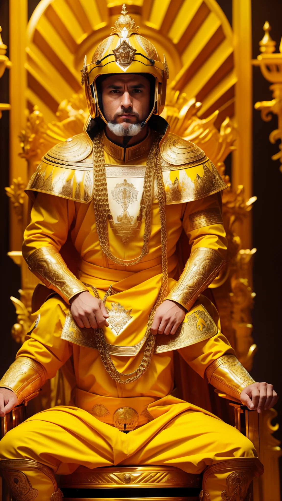 A man sits on a golden throne,Wearing a yellow motorcycle helmet and wearing yellow clothes