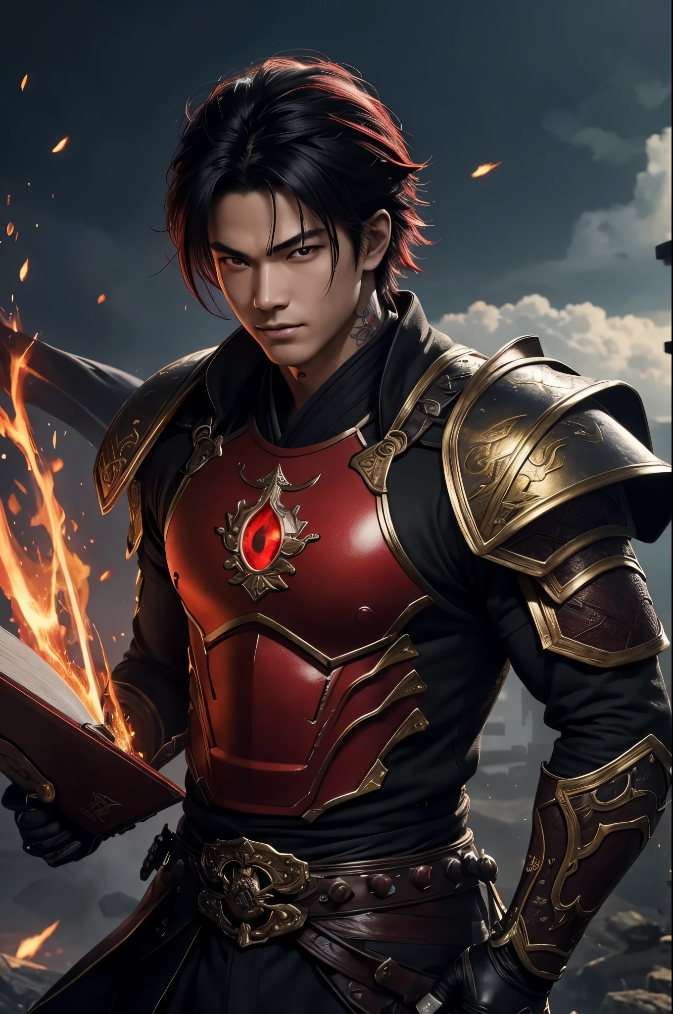 8K、solo、16 year old boy,Super handsome boy(like the real thing),red eyes(red glowing effect),Super handsome boy,black bob hair,black demon slayer armor,black pants(demon emblem embroidery),golden decoration,facing there、long and large Japanese sword,demon slayer boy,Remains,magnificent artwork、wind effect:1.9、Cloud Effect:1.2、Full Rendering、Caustic soda coating、unreal engine、1 Japan sword,An expression that remains innocent,Cool boys,Super high resolution,super realistic skin,Super precise hand details,１Japanese sword with a book,fantasy art,smile,battle scene,action scene,action pose,Fighting style,Photorealistic RAW photos of the highest quality。Backlight, cinematic lighting, film grain, to be born, 50mm lens, Nikon D850,realistic skin,fantasy art,character art,ultra high resolution,Macho with muscular slender body,Red demon emblem tattoo on face(Tattoo that glows red),Precise facial details,rock,