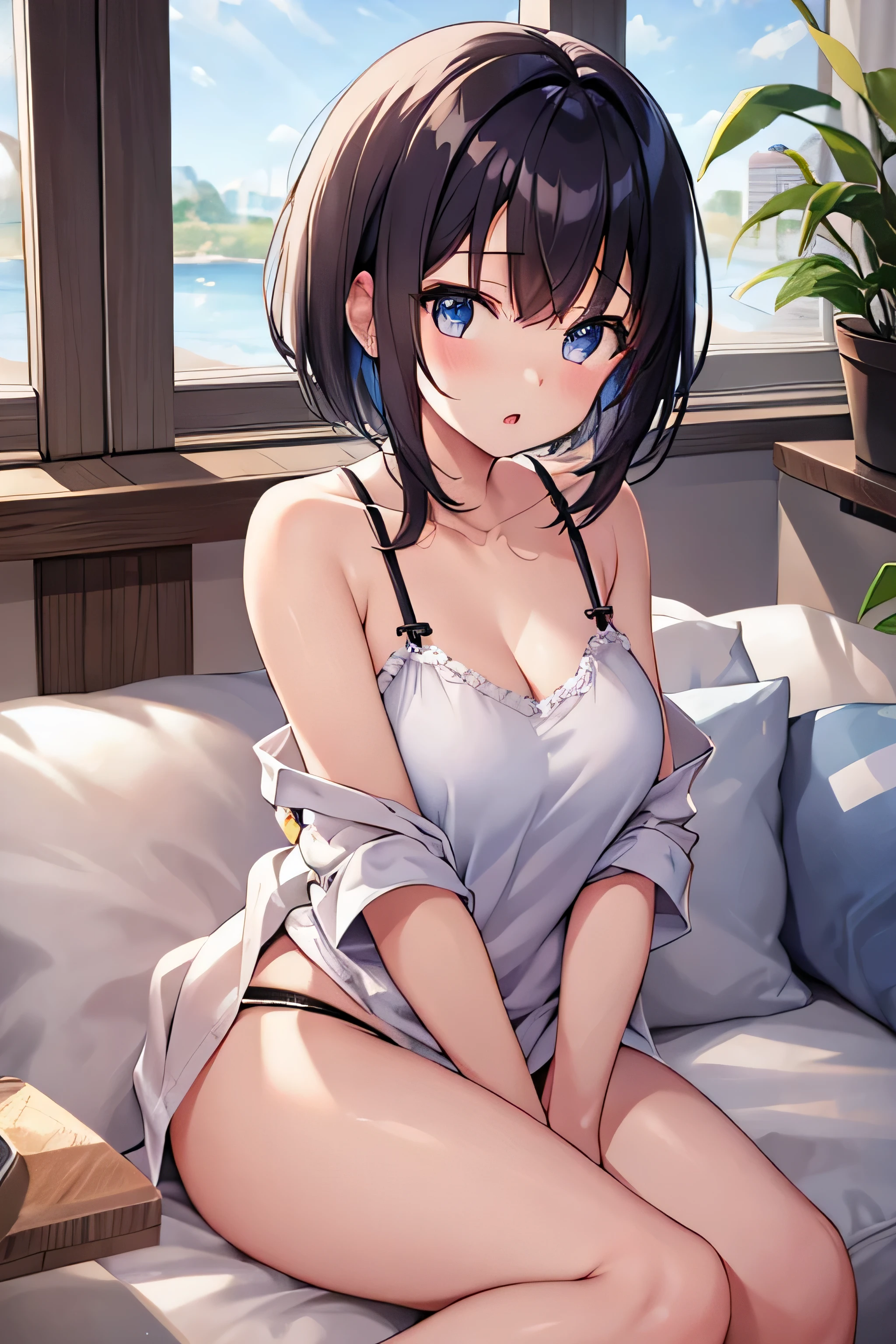 masterpiece、Highest image quality、ultra high resolution、NSFW、big breasted girl、short hair、red face、shyly、mock、Please open your mouth just a little、Breast-showing camisole for elementary schoolies for elementary school girls、sitting onliving room