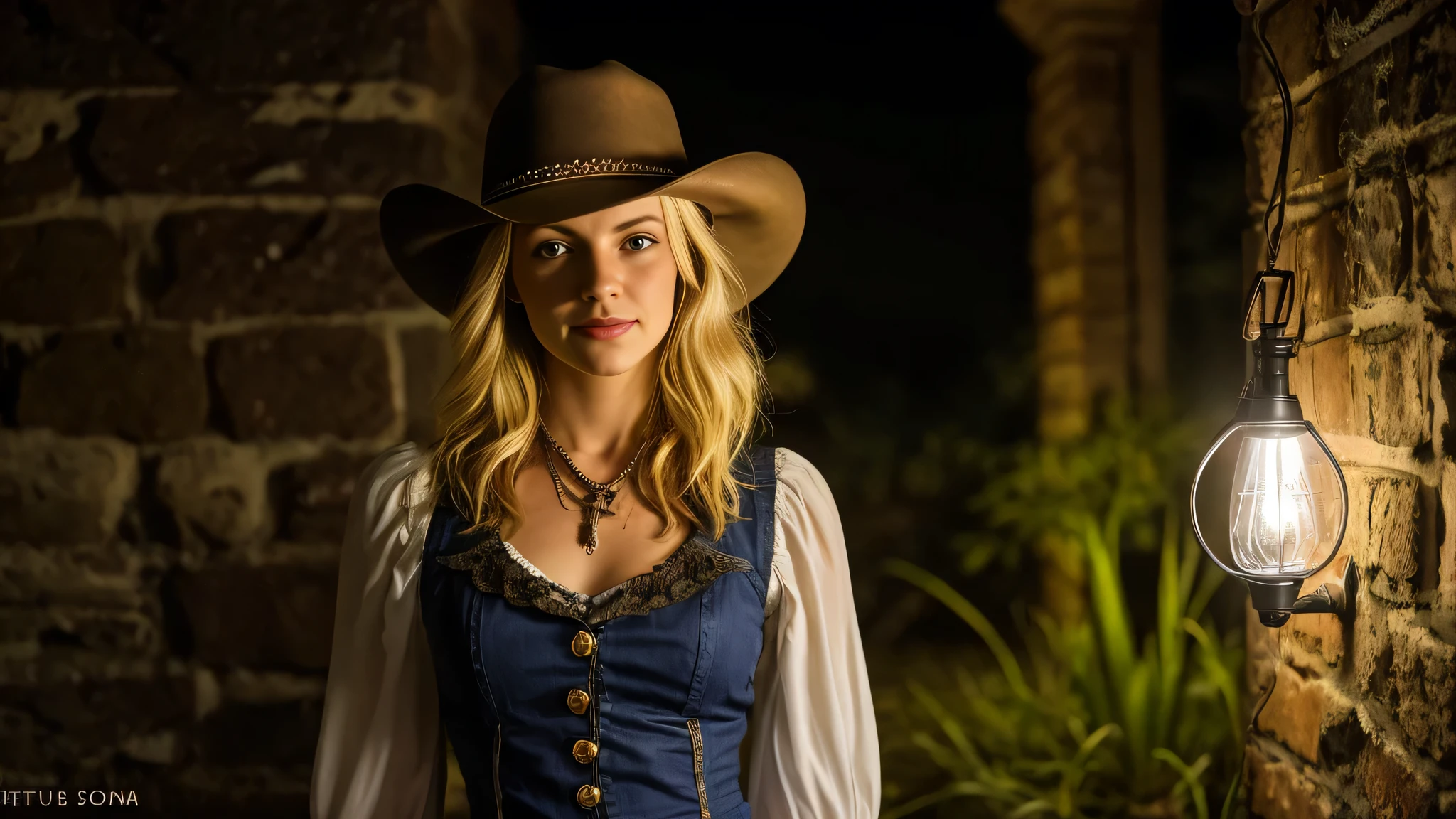 BLOND girl in a cowboy hat holding a flashlight GREEN light , segurando uma lanterna, Vaqueira,  sob lanterna, Cowgirl ocidental, vestido como um xerife ocidental, vaca-, jovem  em roupas steampunk, Female cowgirl, , Directed by: Linda Sutton, barnet, Uplighting, foto da , wearing a cowboy hat, next gen, retrato robusta
