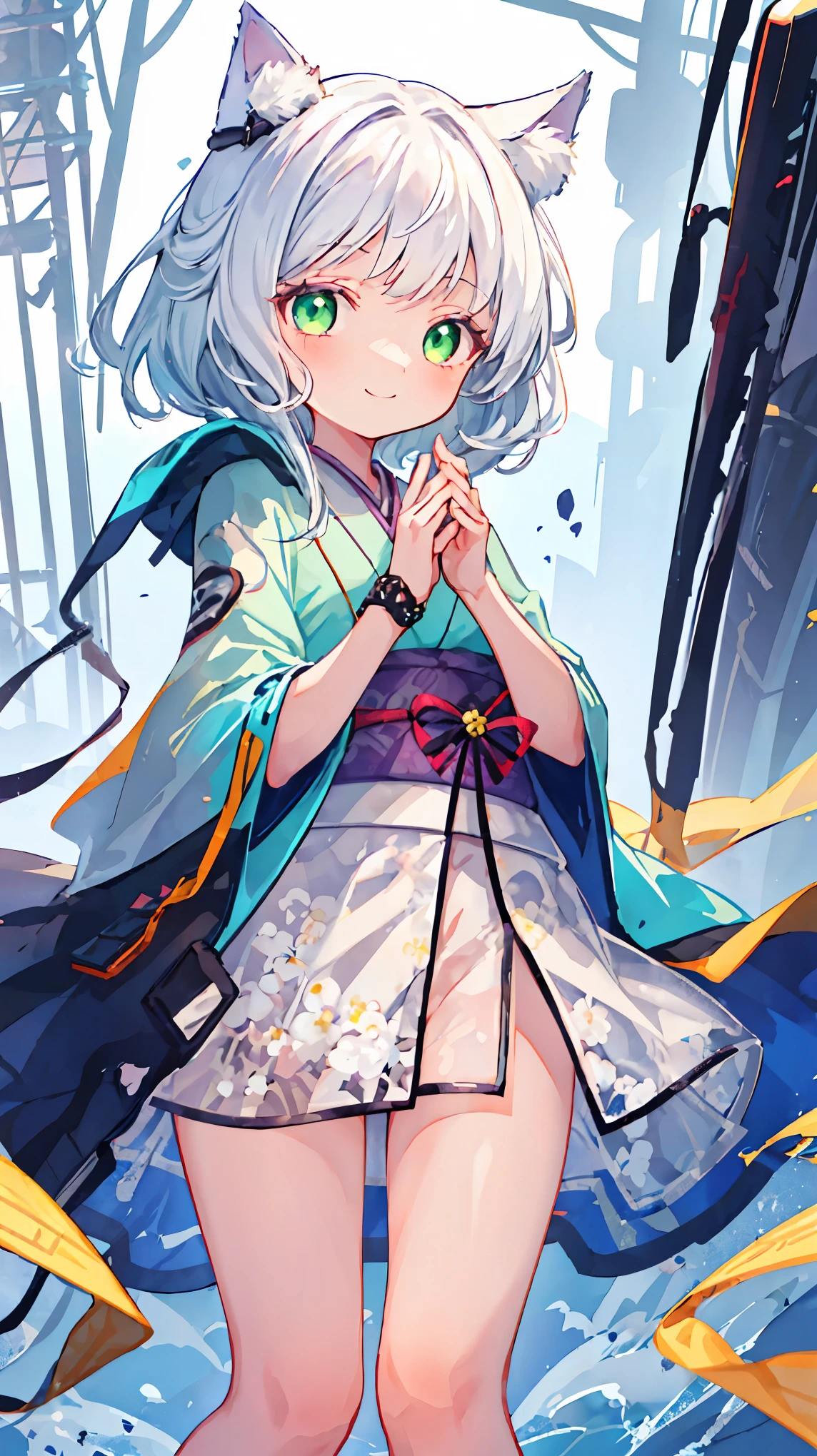 top quality, masterpiece, HD, 1 girl, beautiful and perfect face, Japanese kimono, intricate details, 8k, Very detailed loli，cute，white hair，Green eyes，short hair，Cat-eared lady，Smile