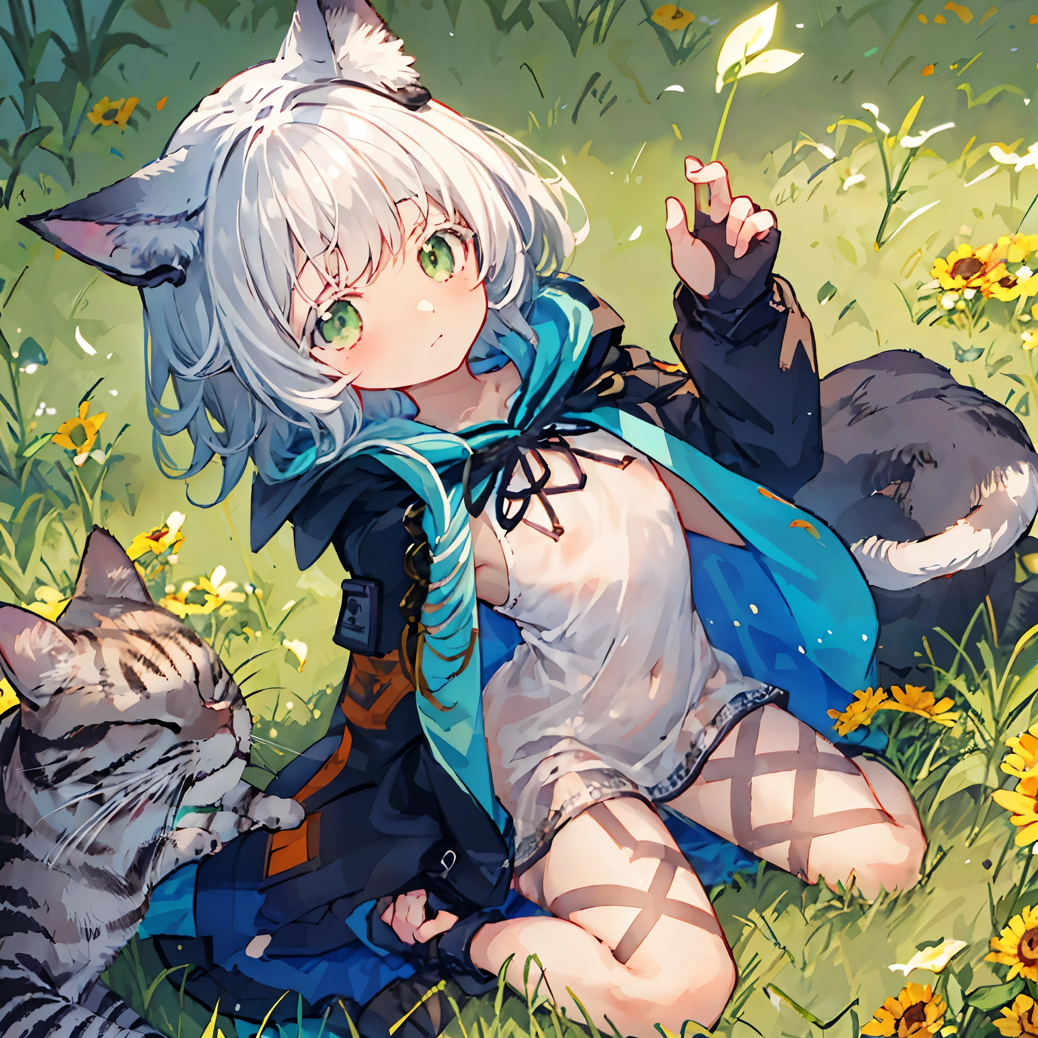 ****，cute，white hair，Green eyes，short hair，Cat-eared lady