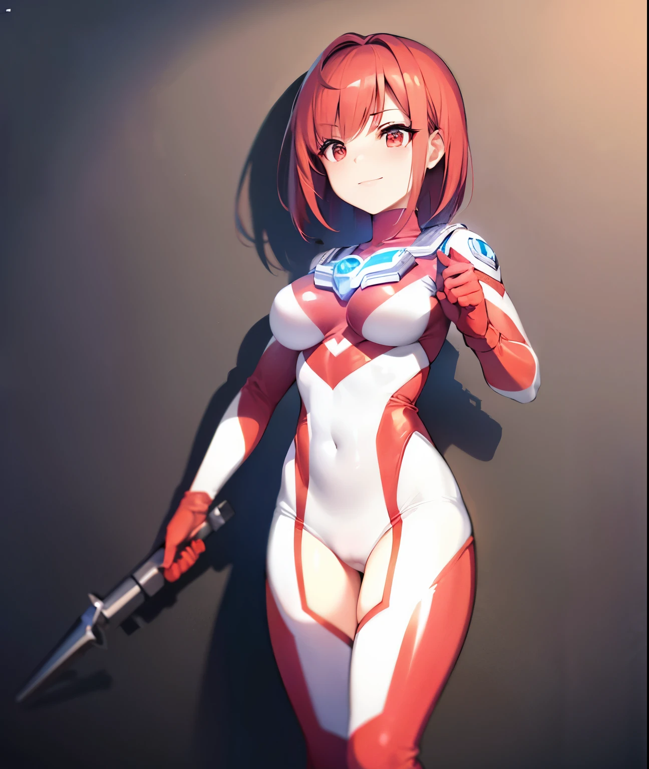 Highest image quality,8K beautiful detailed ung girl,(bright red hair:1.5),short bob,red eyes, (Ultra Girl :1.0), (silver and red ultraman bodysuit:1.4),big breasts,(Put your hands on your hips:1.2),(fist:1.2),smile,Upper body,(Turn your back to your audience:1.1),butt