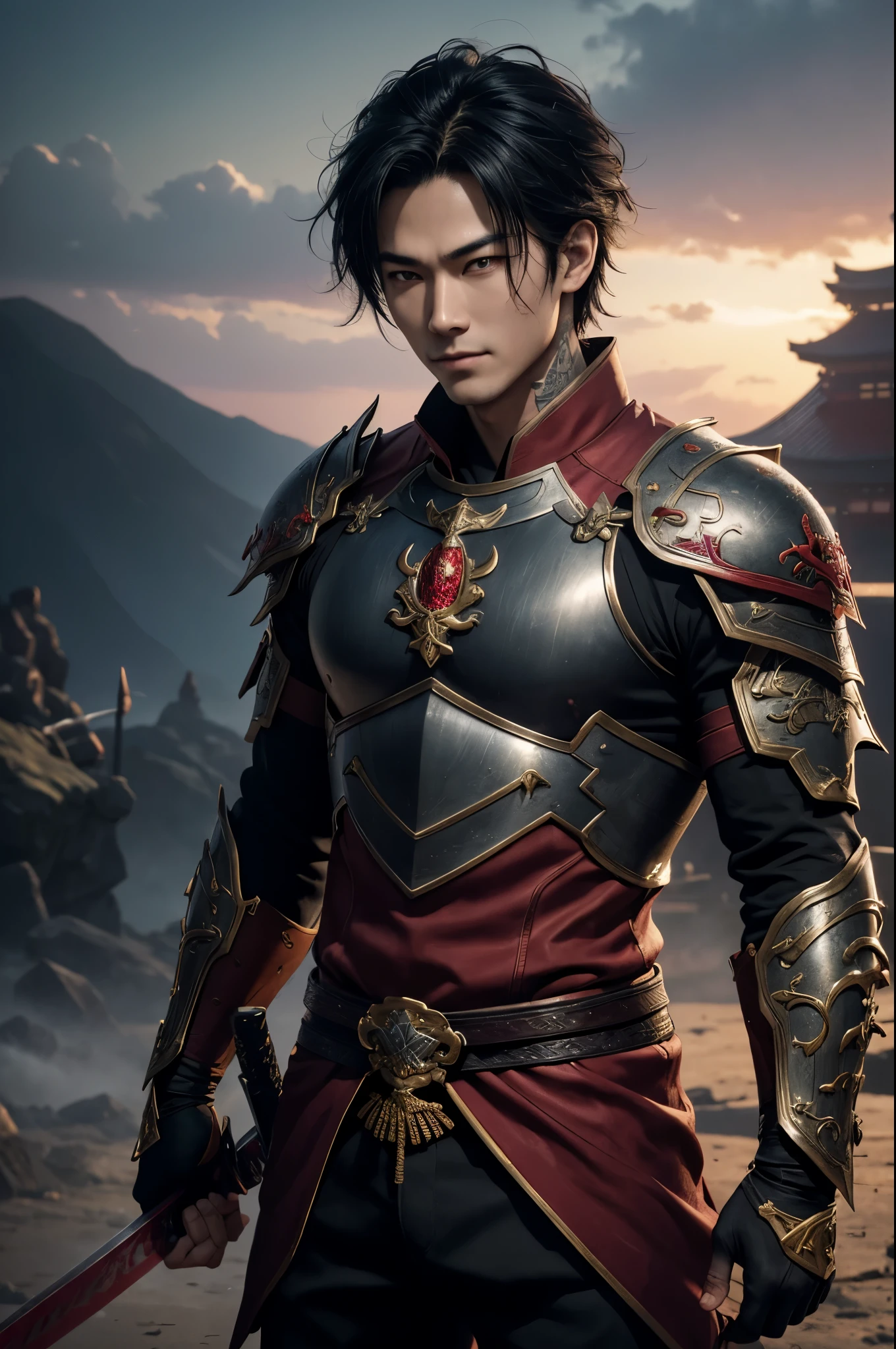 8K、solo、 boy,Super handsome boy(like the real thing),red eyes(red glowing effect),Super handsome boy,black bob hair,black demon slayer armor,black pants(demon emblem embroidery),golden decoration,facing there、long and large Japanese sword,demon slayer boy,Remains,magnificent artwork、wind effect:1.9、Cloud Effect:1.2、Full Rendering、Caustic soda coating、unreal engine、1 Japan sword,An expression that remains innocent,Cool boys,Super high resolution,super realistic skin,Super precise hand details,１Japanese sword with a book,fantasy art,smile,battle scene,action scene,action pose,Fighting style,Photorealistic RAW photos of the highest quality。Backlight, cinematic lighting, film grain, to be born, 50mm lens, Nikon D850,realistic skin,fantasy art,character art,ultra high resolution,Macho with muscular slender body,Red demon emblem tattoo on face(Tattoo that glows red),Precise facial details,