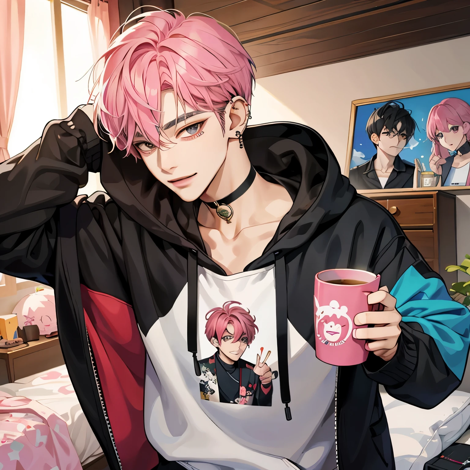 Guviz-style artwork, Made at Anime Painter Studio, anime realism style, realistic anime art style, Drawn at Anime Painter Studio, Inspired by Kim Taehyung, In an anime style, anime handsome man, dark pink hair、A sloppy smile、choker、Multiple piercings、Man with short hair、One man、gray eyes、room、暖かいroom、Holding the mug with both hands、upward glance、Multiple piercings、Inspired by Kim Taehyung、gray hoodie