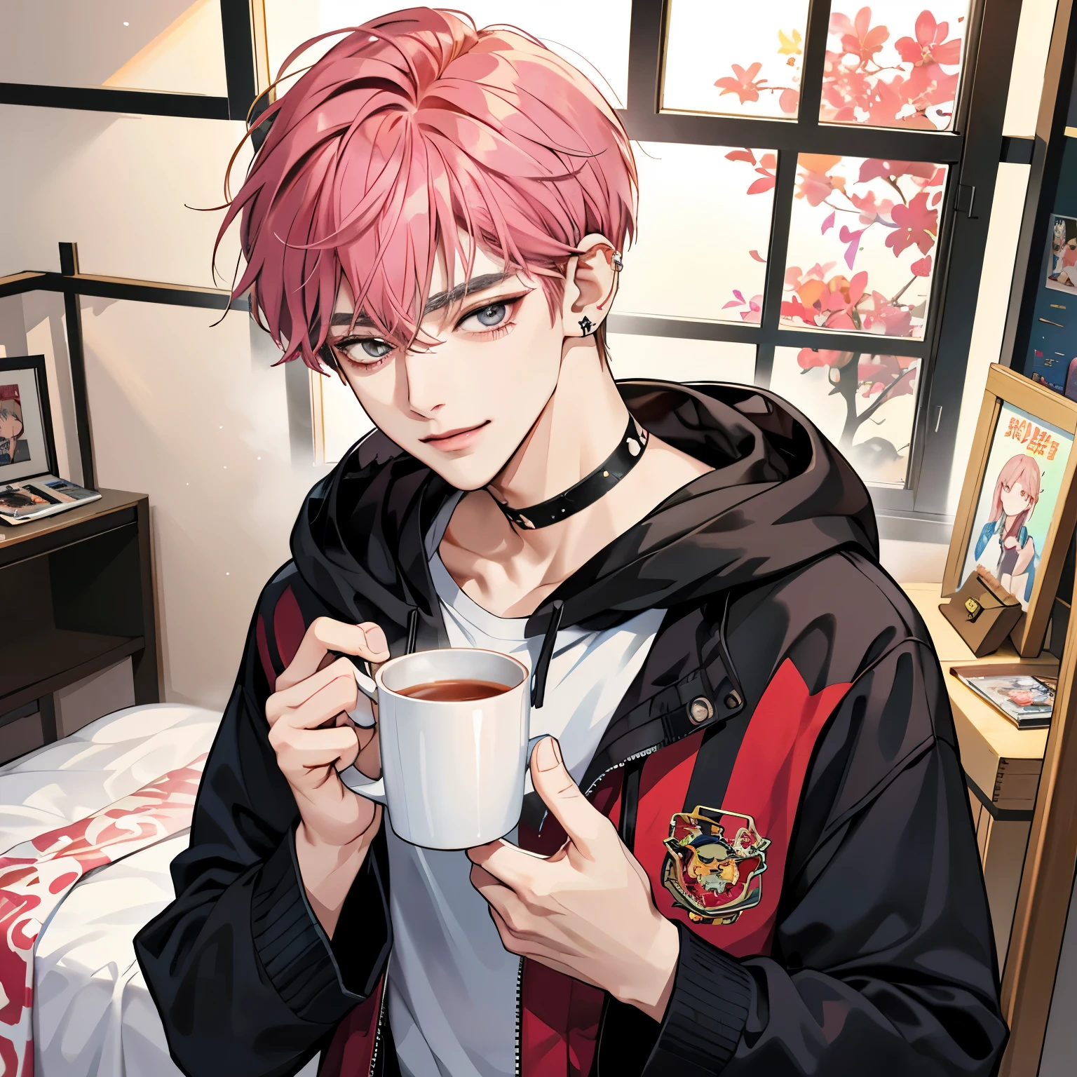 Guviz-style artwork, Made at Anime Painter Studio, anime realism style, realistic anime art style, Drawn at Anime Painter Studio, Inspired by Kim Taehyung, In an anime style, anime handsome man, dark pink hair、A sloppy smile、choker、Multiple piercings、Man with short hair、One man、gray eyes、room、暖かいroom、Holding the mug with both hands、upward glance、Multiple piercings、Inspired by Kim Taehyung、gray hoodie、red cheeks、upward glanceで見上げる