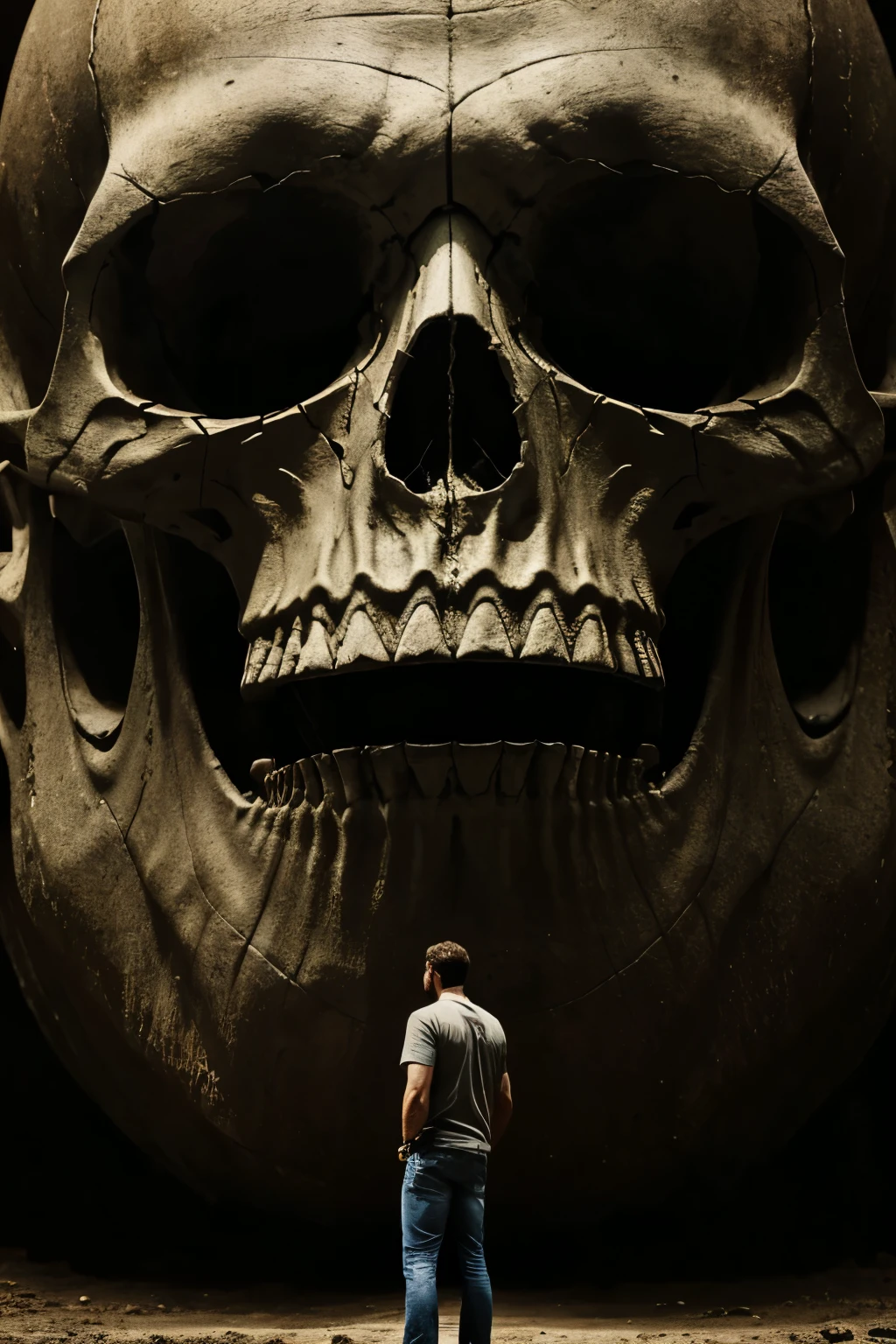 A man stands before a colossal skull, five times his size, his expression one of awe or contemplation. The realistic photo, captured in high definition, showcases every crevice and detail of the gigantic skull's surface, its deep sockets and hollow eye sockets revealing the passage of time. The man, dressed in a simple t-shirt and jeans, appears small yet determined against the backdrop of this monolithic reminder of mortality. His face, with its defined features and furrowed brow, adds to the sense of intensity and intrigue. The setting around him is blurred, drawing focus to the man and the skull in their epic confrontation.