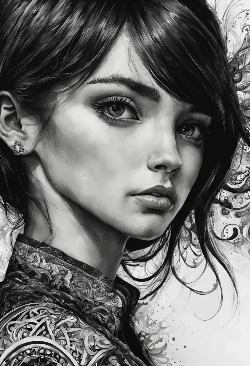 1girl, A girl in black and white ink drawing with hyperrealistic details and intricate patterns, captured in a mid-shot, showcasing dramatic expression and a 2/3 face angle. The artwork is characterized by bold and expressive brushstrokes that create a splash art effect. The image is of the highest quality, with a resolution of 4k or 8k, showcasing ultra-detailed features. It has a hyperrealistic, almost photographic quality. The art style is reminiscent of concept art, with a focus on capturing the essence of the subject. The contrast between black and white reflects a stark and impactful visual representation. The lighting is carefully crafted to enhance the intricacies and dynamic nature of the artwork.