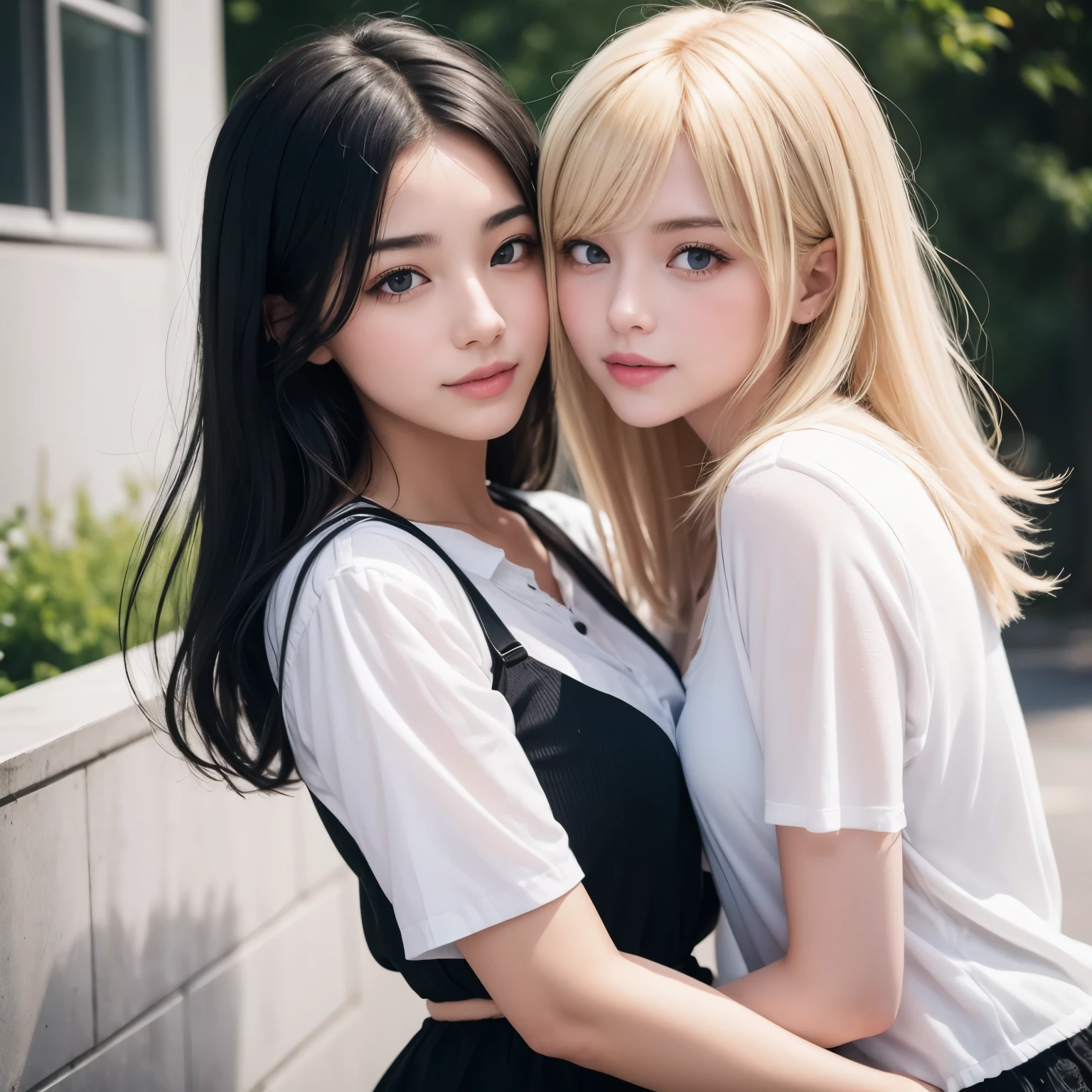 A girl blonde with a girl black haired, girlfriends, lovers, seeing each other with love, girls love