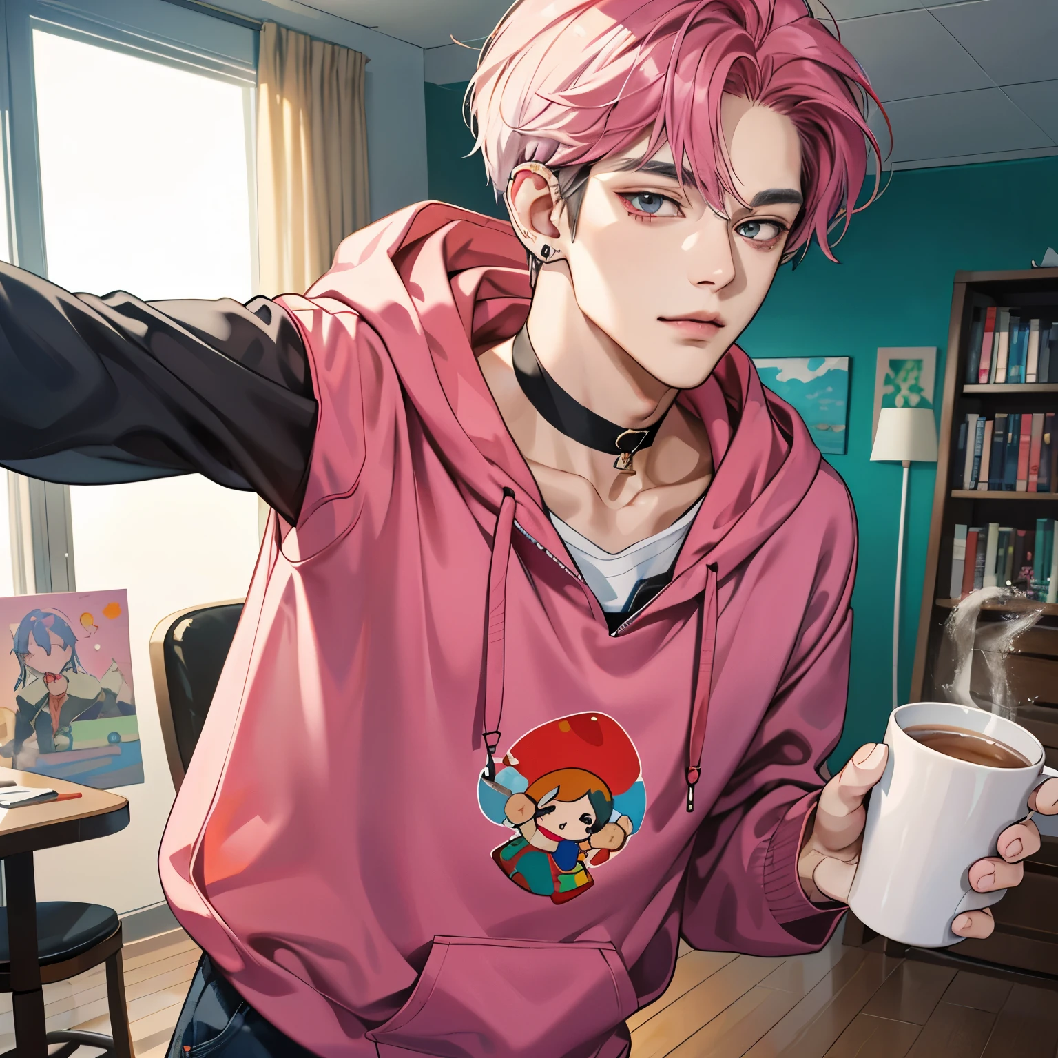 Guviz-style artwork, Made at Anime Painter Studio, anime realism style, realistic anime art style, Drawn at Anime Painter Studio, Inspired by Kim Taehyung, In an anime style, anime handsome man, dark pink hair、A sloppy smile、choker、Multiple piercings、Man with short hair、One man、gray eyes、room、暖かいroom、Holding the mug with both hands、upward glance、Multiple piercings、Inspired by Kim Taehyung、gray hoodie、red cheeks、upward glanceで見上げる