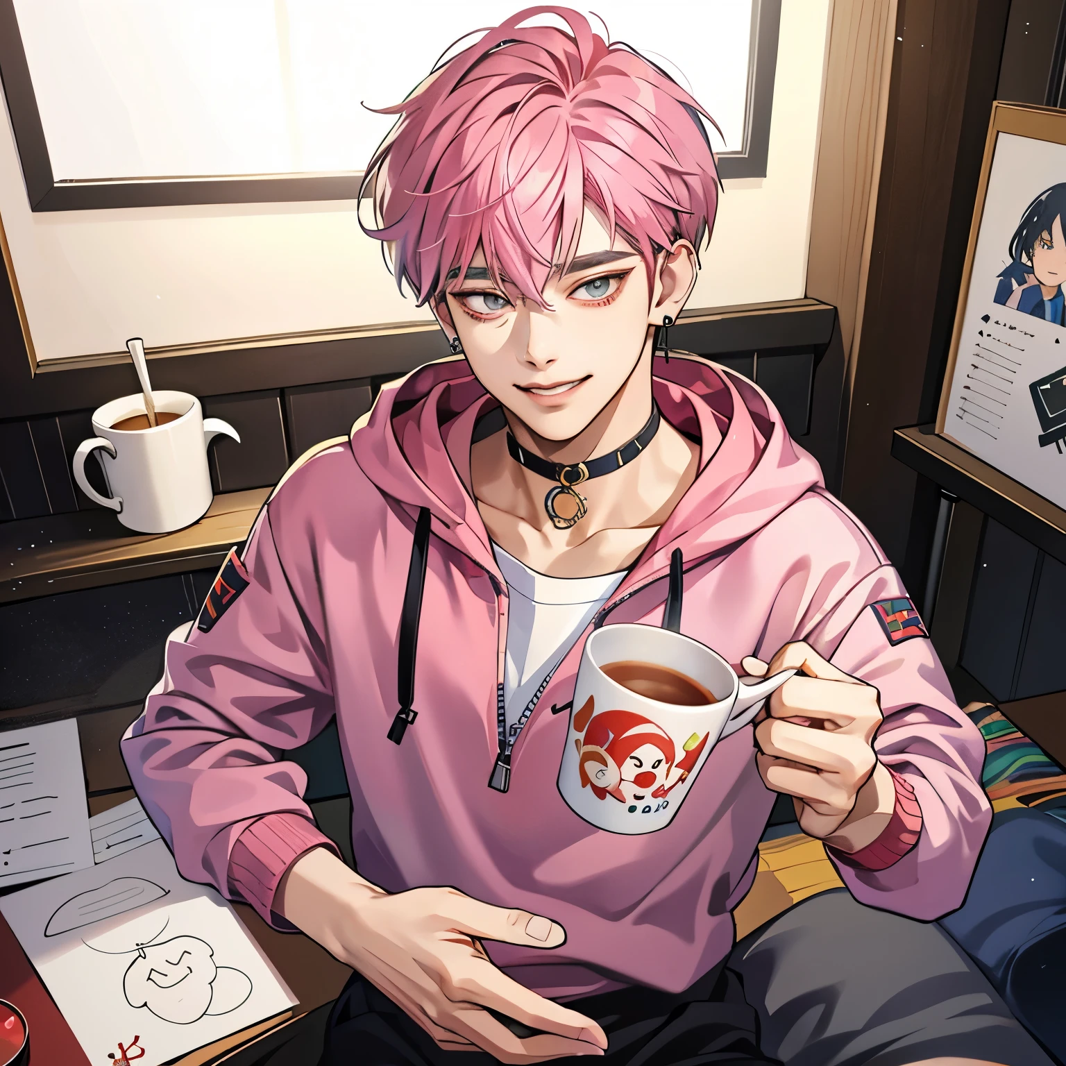 Guviz-style artwork, Made at Anime Painter Studio, anime realism style, realistic anime art style, Drawn at Anime Painter Studio, Inspired by Kim Taehyung, In an anime style, anime handsome man, dark pink hair、A sloppy smile、choker、Multiple piercings、Man with short hair、One man、gray eyes、room、暖かいroom、Holding the mug with both hands、upward glance、Multiple piercings、Inspired by Kim Taehyung、gray hoodie、red cheeks、upward glanceで見上げる、relaxed atmosphere