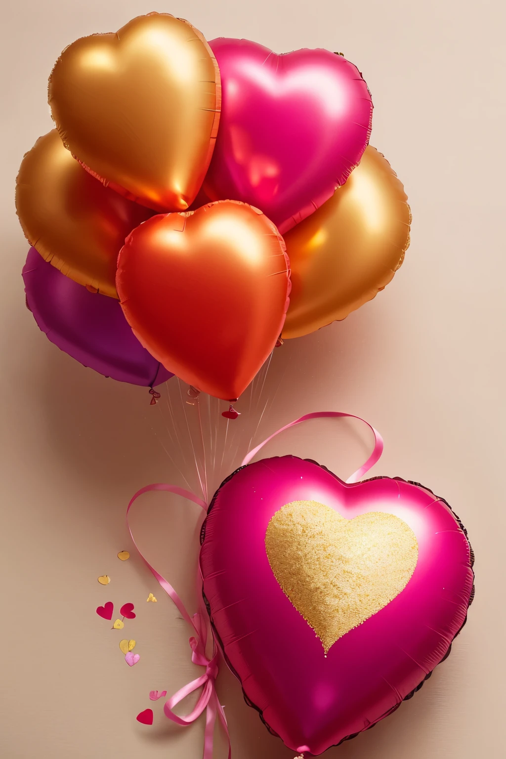 St. Valentine's Day theme, top view image, heart-shaped balloons in red and yellow hues, golden confetti scattering around, isolated against a pastel beige background, intricately detailed, 8K Ultra HD, 20MP, Canon EOS R5, 50mm Lens, F/2.8, NFFSW, cinematic lighting, capturing the essence of love and celebration, rich in contrast and realism. (Copyspace included)