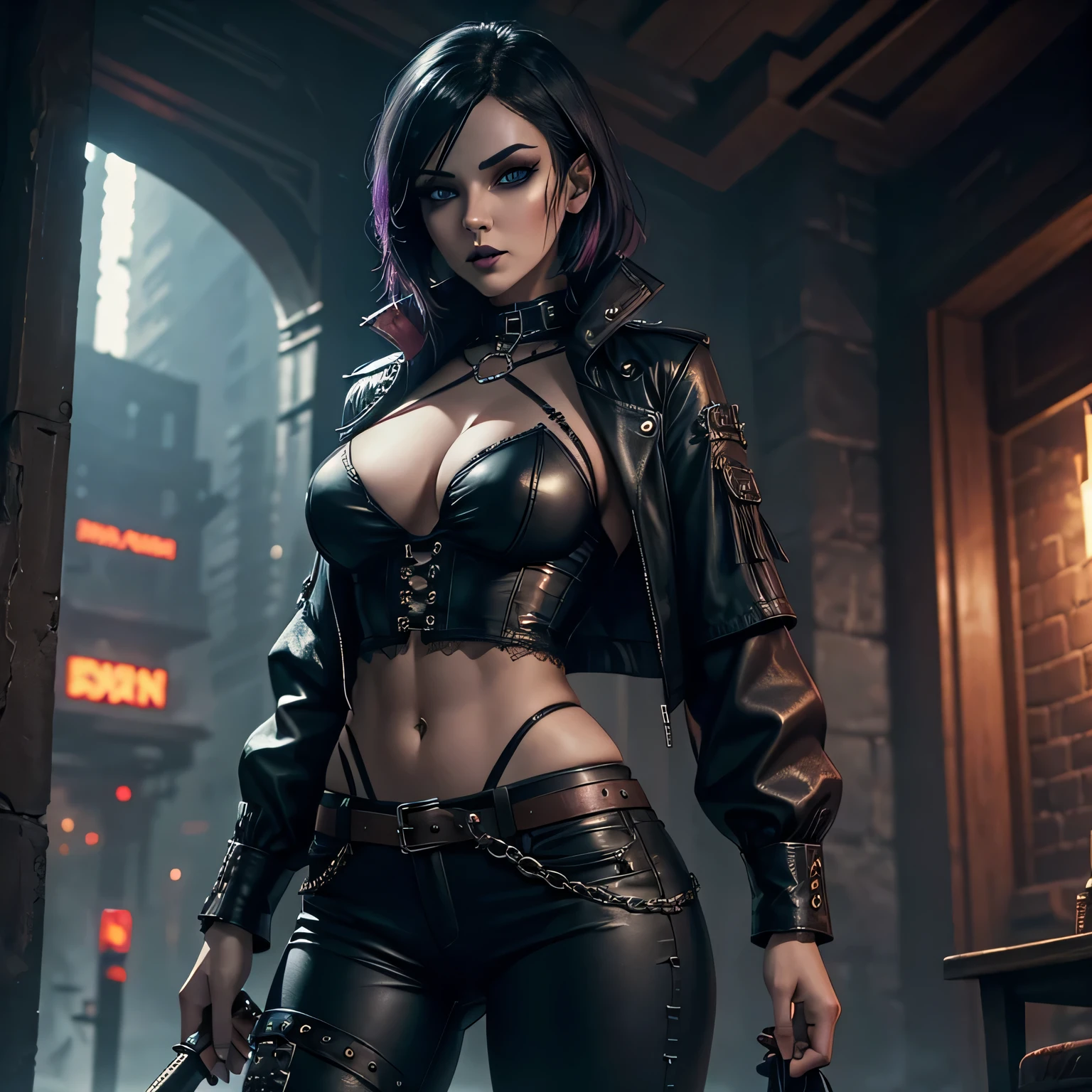 1 girl, heavy goth makeup, fantasy character, cyberpunk horror, dark fantasy, navel, gothic mage, muscular abs, leather lace corset cropped top, leather pants, sensual