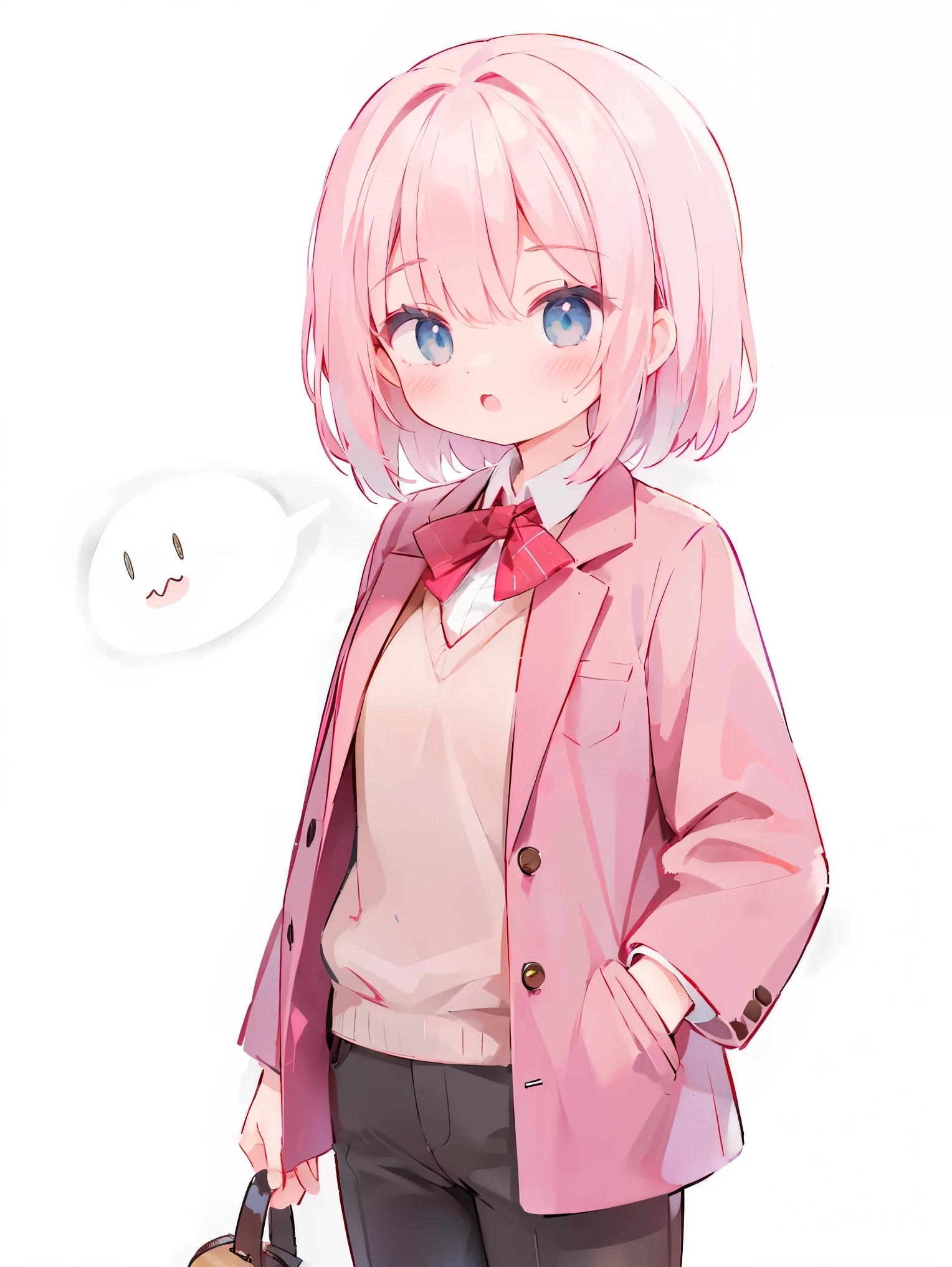 1 girl, powder pink hair, office brown suit, Simple Gray Background