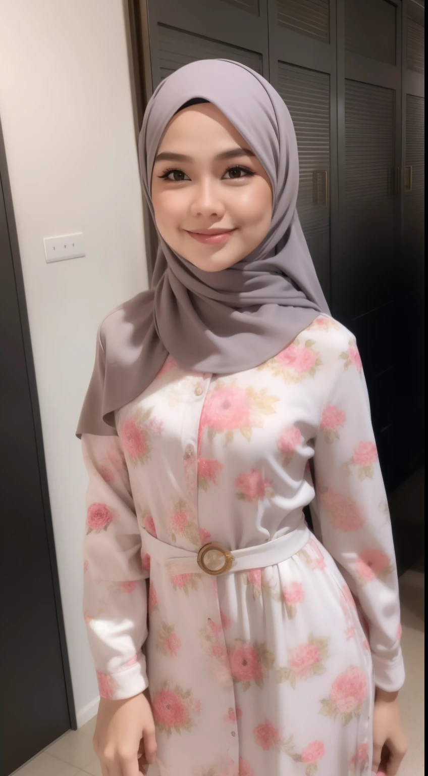 Malay girl in hijab wear small floral baju kurung malaysia in college, wear student back pack, front view, detail skin, detail skin texture, mole below eyes, big breast, big hip, big waist, big thigh, slim abs, beautiful body, sunny time, laughing, happy, bright lighting, kissing style
