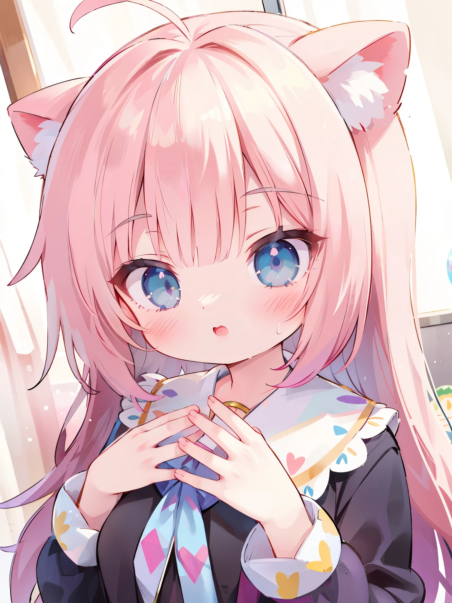 1 girl, anime girl, 'face, Upper body, Большое face, hands тянутся к лицу, hands тянутся к волосам, Other people'hands, neko'hands are reaching out, patting the head, praise, Other people'hands на лице