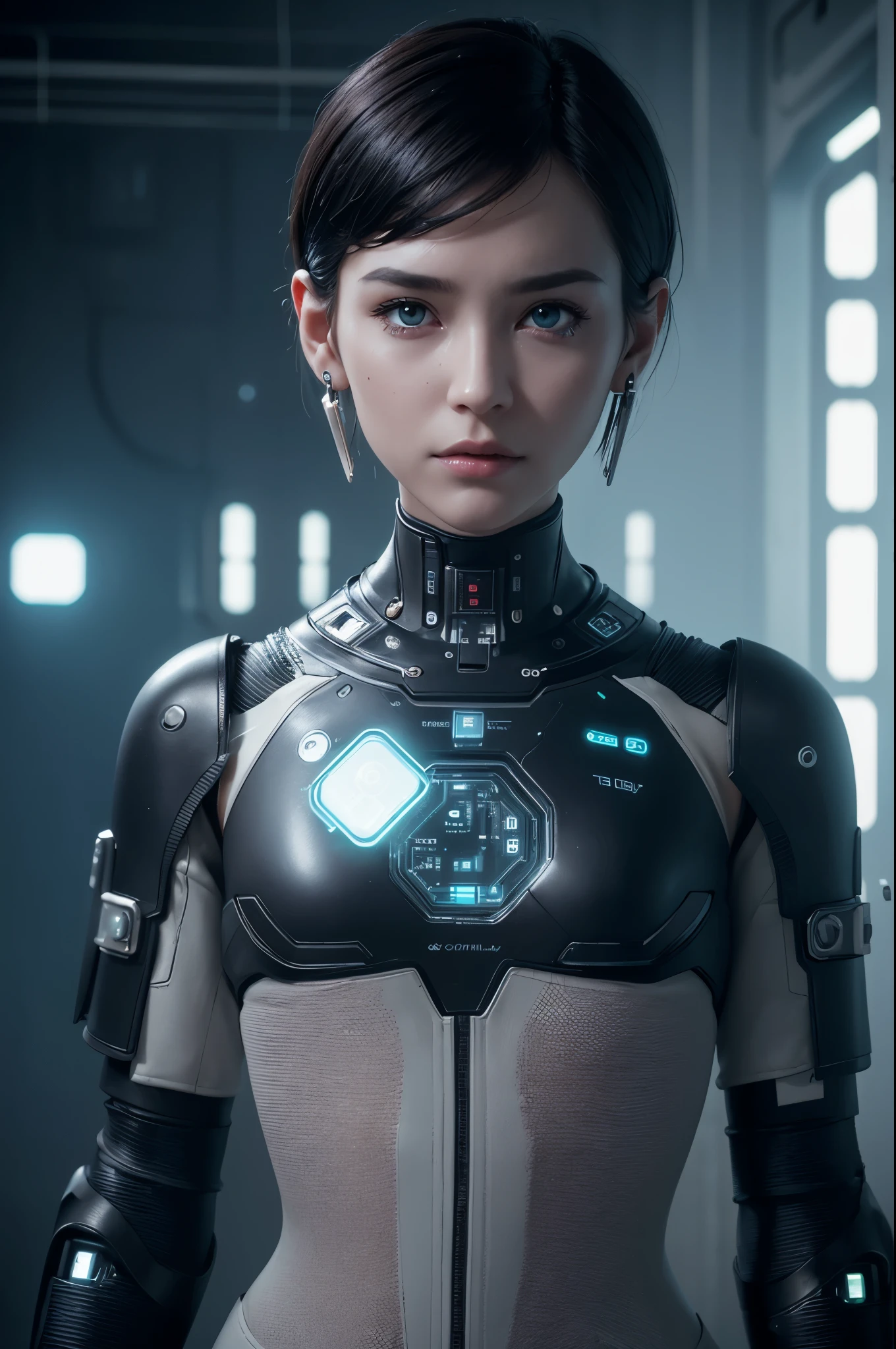 An android with a broken heart, surrounded by a mysterious fog with the camera focus on her face, with cinematic light, unreal engine 5, extremelly detail her skin, she have earings on each ear, on her skin she have circuits details, short hair, just her face has circuit details, with clothes retrofuturistic, in the background can see a blur futuristic landscape
