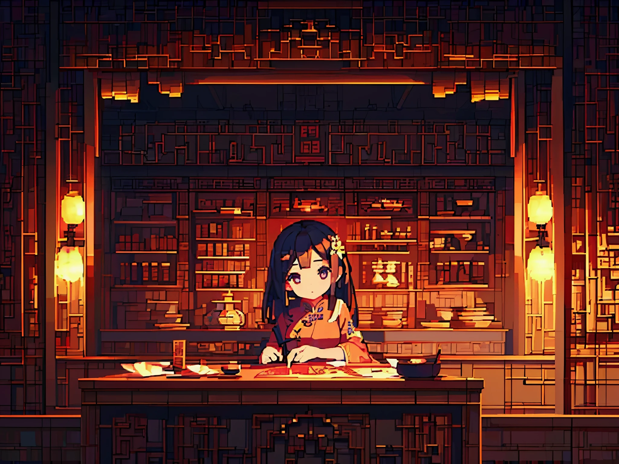 Photo of beautiful girl in traditional chinese dress looking at ancient chinese books under lamp on low table in old walled garden at peaceful night,((Her right hand is holding a pen.、The left hand rests on the table)),((masterpiece)),realistic,4K,very detailed,((beautiful big eyes))