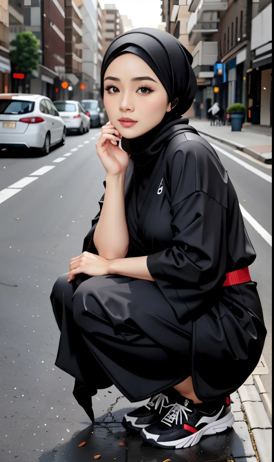 arafed woman in a black outfit crouching down on a sidewalk, hijab fashion model, hijabi outfit, thicc, hijab, korean woman, wearing black robe, asian woman, bbwchan, photograph of a techwear woman, hijab, wearing a black robe, woman in black robes, casual pose, wearing dark robe, asian women, korean girl, red sneakers 