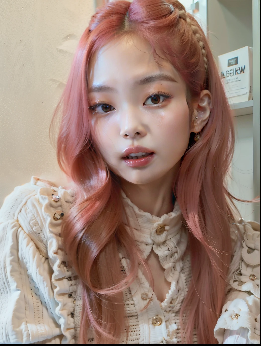 jennie blackpink face, pink hair 