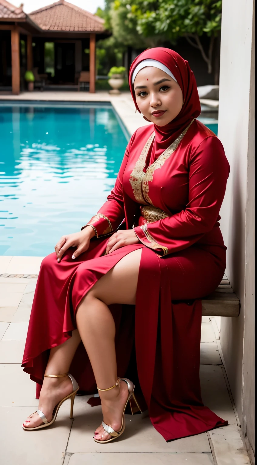 RAW, Best quality, high resolution, Masterpiece: 1.3, Indonesian woman hijab Muslim, (30 years), plump, wearing a red robe, dress, beautiful with pearl skinned Javanese hijabi wearing tribal slaves, heels, Masterpiece, Soft smile, sitting by the villa swimming pool