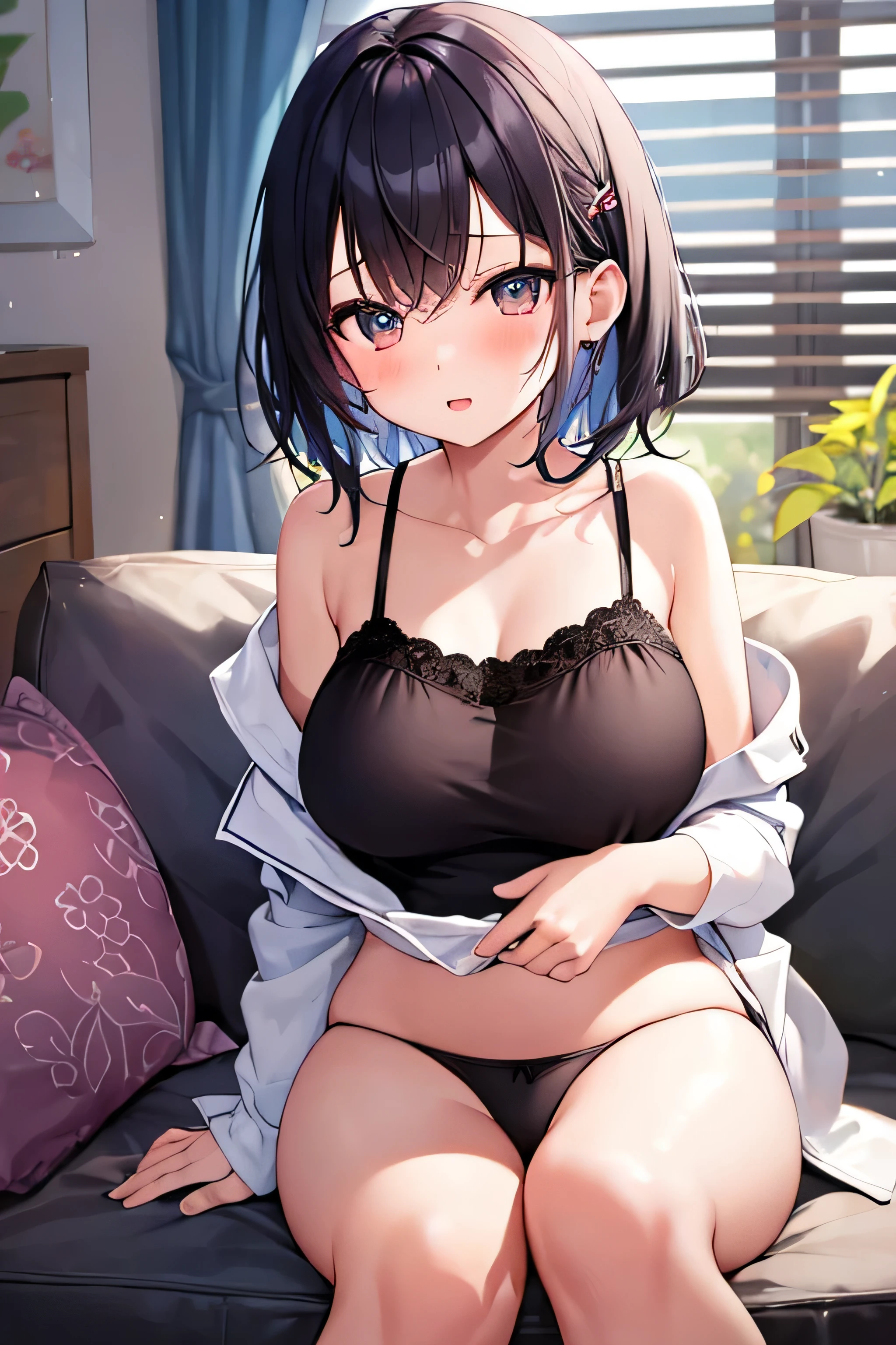 masterpiece、Highest image quality、ultra high resolution、NSFW、big breasted  girl、short hair、red face、shyly、mock、Please open your mouth just a little、Breast-showing camisole for elementary schoolies for elementary school girls、sitting onliving room