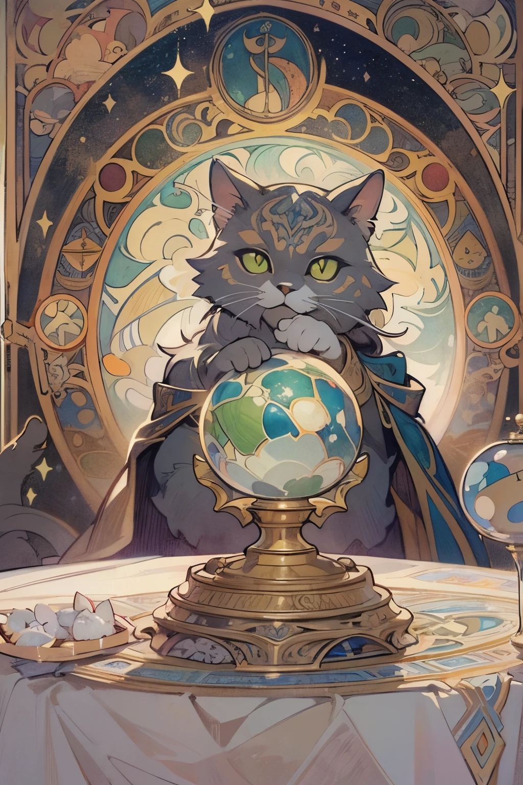 (masterpiece, highest quality, highest quality, official art, beautiful and aesthetic:1.2), (1Cat:1.3),  very detailed, portrait, Cat, alone, (whole body:0.6), detailed background, close, shining eyes,fortune teller, Mysterious, sitting at the table, colorful shoulderless loose gypsy fortune teller clothes, holy grail, crystal ball, Medieval (inner tent:1.1) background, tent curtains in background, dark Mysterious lighting, Shadow, magical atmosphere, starry night,, Dutch angle horoscope、Mysterious, Alphonse Mucha&#39;s Art Nouveau line, Art Nouveau line,　awesome full color,　watercolor painting　