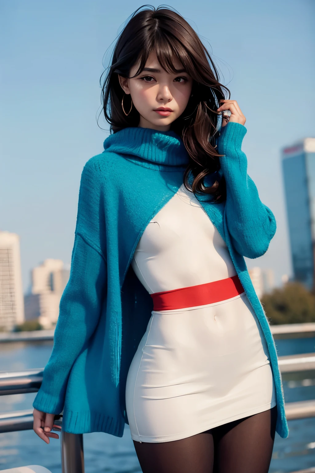 1 girl, (Looking at the viewer), (hips:1.1), parted lips,inexpressive, Realistic, hand up, tights,
skirt, skyline,
Realistic,
