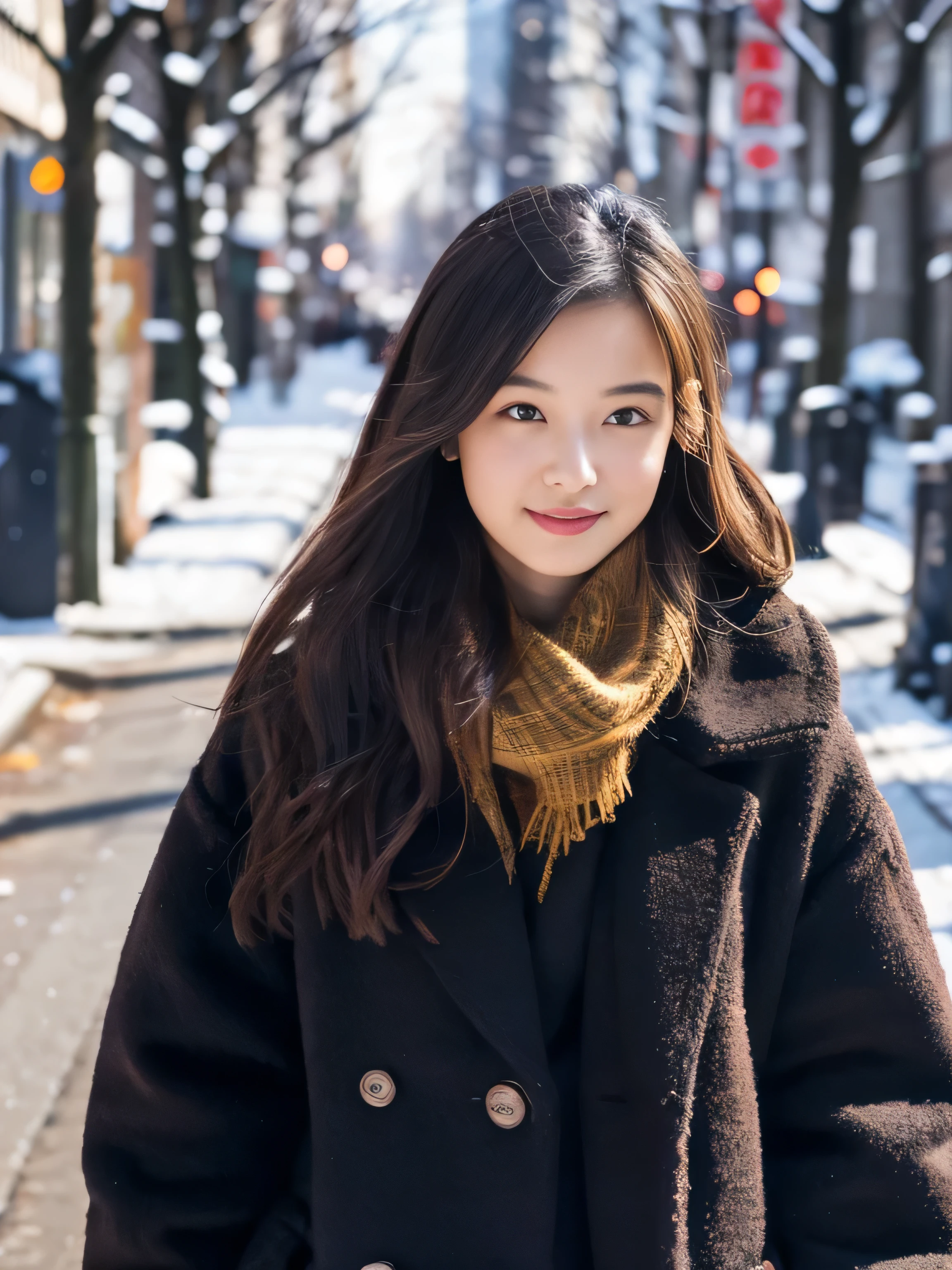 Photoreal, 8k Full Length Portrait, Beautiful woman, attractive look, 16 years old, Tokyo city, winter, Shibuya in the background