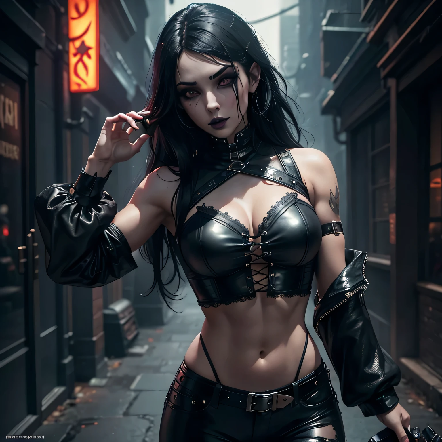 1 girl, heavy goth makeup, fantasy character, cyberpunk horror, dark fantasy, navel, gothic mage, muscular abs, leather lace corset cropped top, leather pants, sensual, sexy