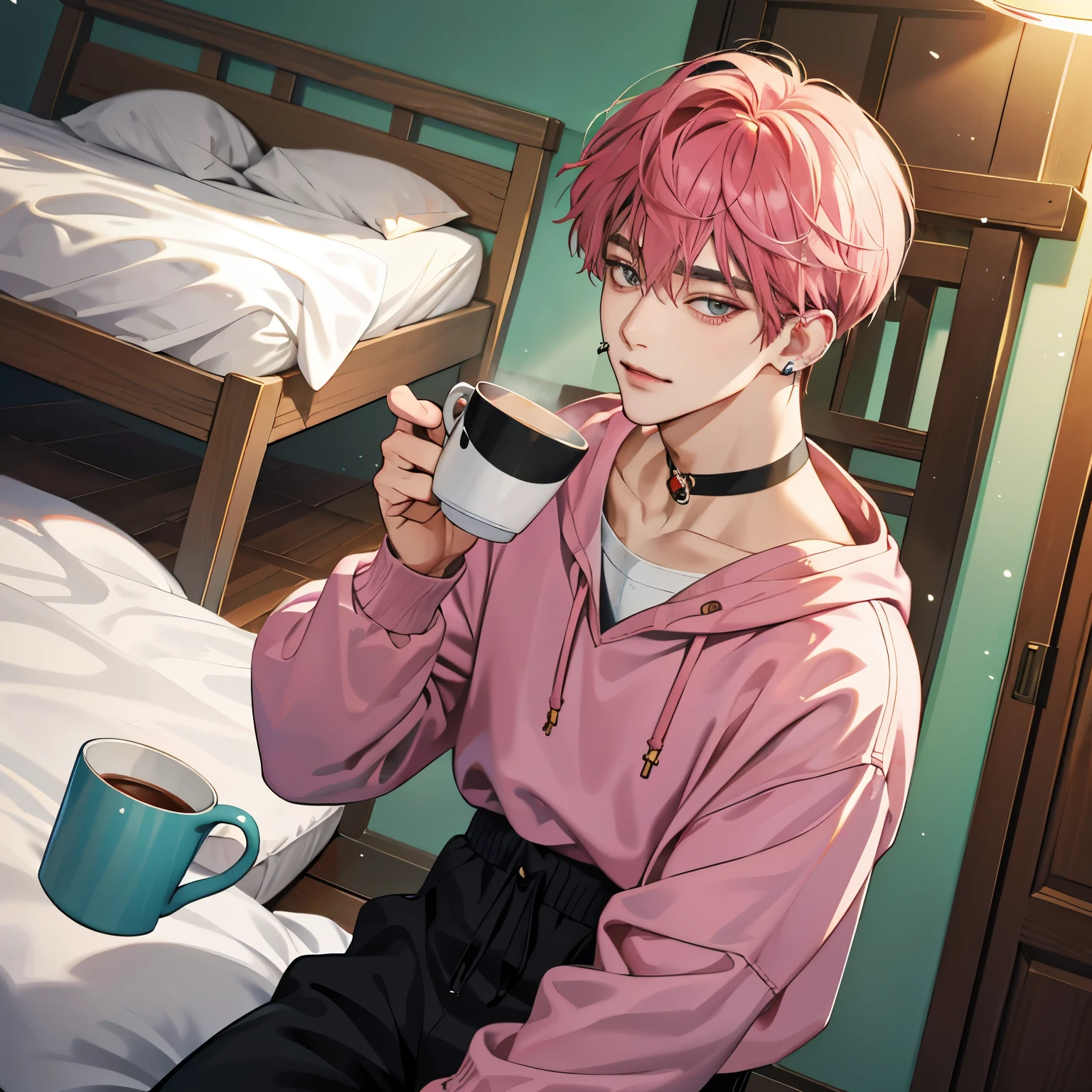 Guviz-style artwork, Made at Anime Painter Studio, anime realism style, realistic anime art style, Drawn at Anime Painter Studio, Inspired by Kim Taehyung, In an anime style, anime handsome man, dark pink hair、A sloppy smile、choker、Multiple piercings、Man with short hair、One man、gray eyes、room、暖かいroom、Holding the mug with both hands、upward glance、Multiple piercings、Inspired by Kim Taehyung、gray hoodie、red cheeks、upward glanceで見上げる、relaxed atmosphere