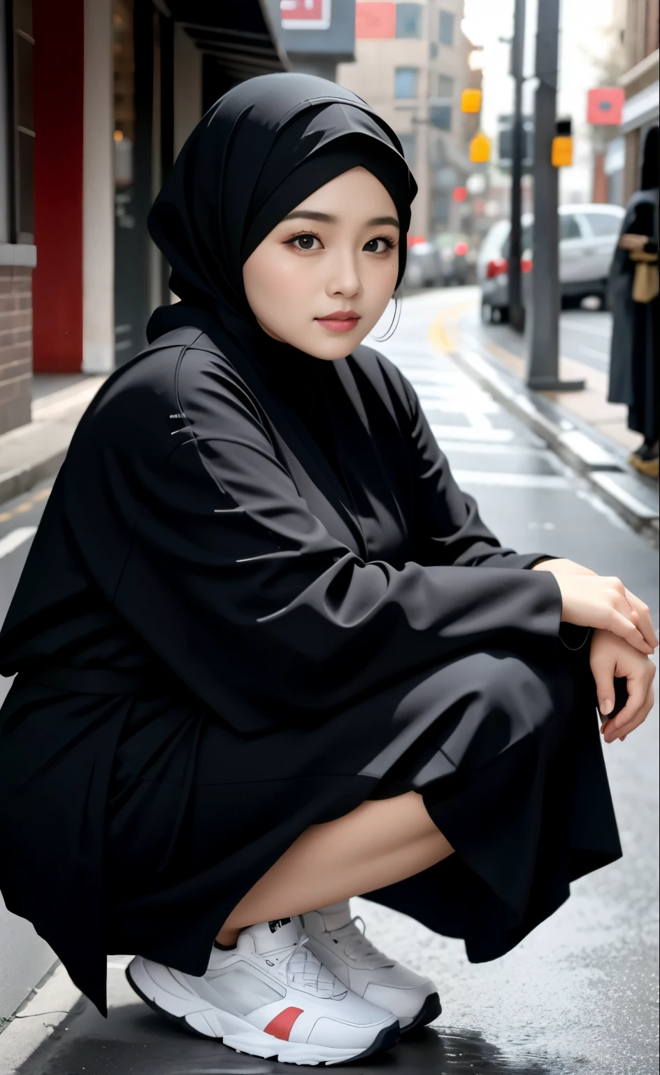 arafed woman in a black outfit crouching down on a sidewalk, hijab fashion model, hijabi outfit, thicc, hijab, korean woman, wearing black robe, asian woman, bbwchan, photograph of a techwear woman, hijab, wearing a black robe, woman in black robes, casual pose, wearing dark robe, asian women, korean girl, red sneakers 