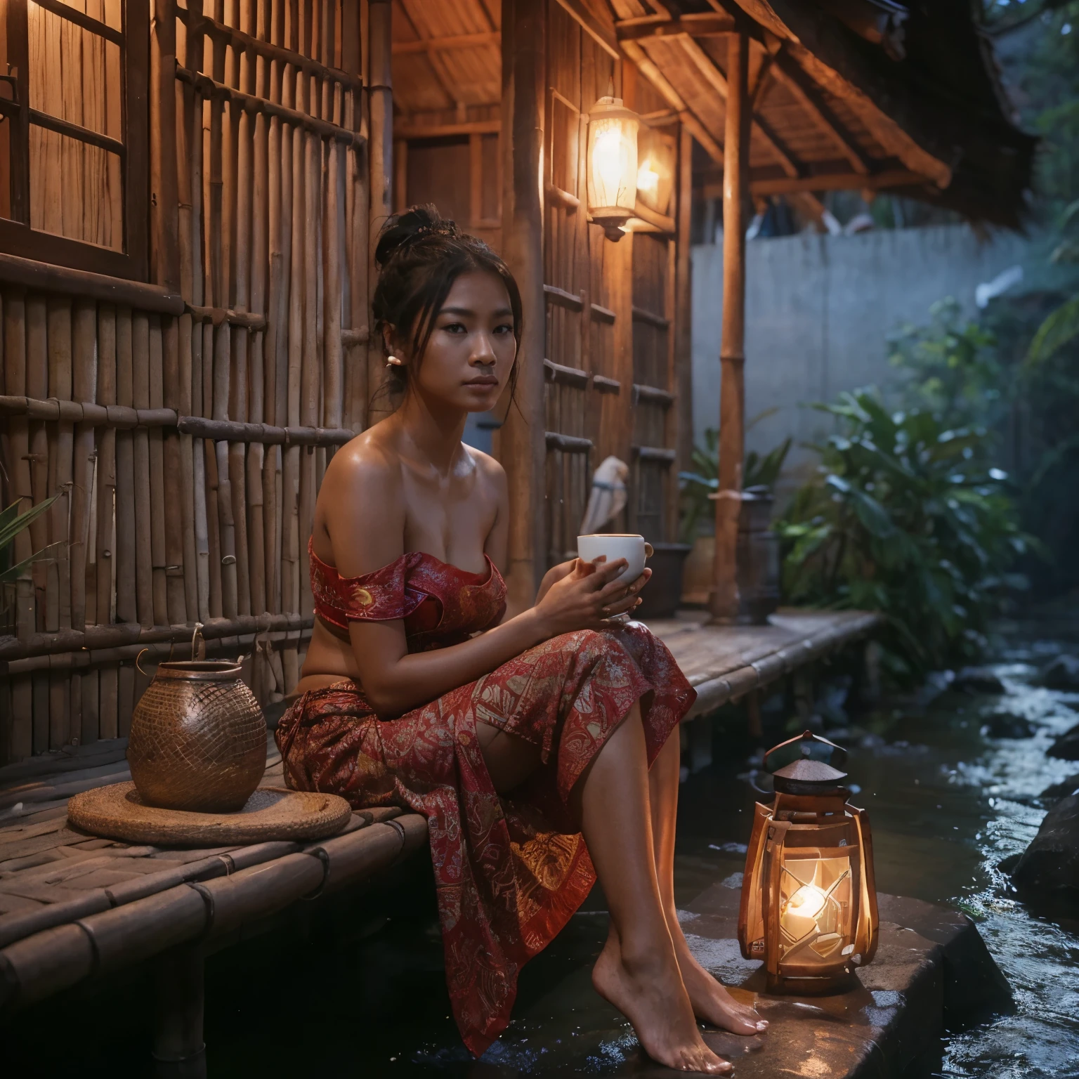 A beautiful Thai woman with short hair, middle-aged, wearing an old, torn blue shoulder-baring shirt, an old, torn sarong, 170 centimeters tall, sitting and lighting a bonfire in the middle of a rice field, around 5:00 a.m., the sky was dark and about to light. A golden light began to catch the sky. Get the atmosphere of a country house, quiet and lonely.