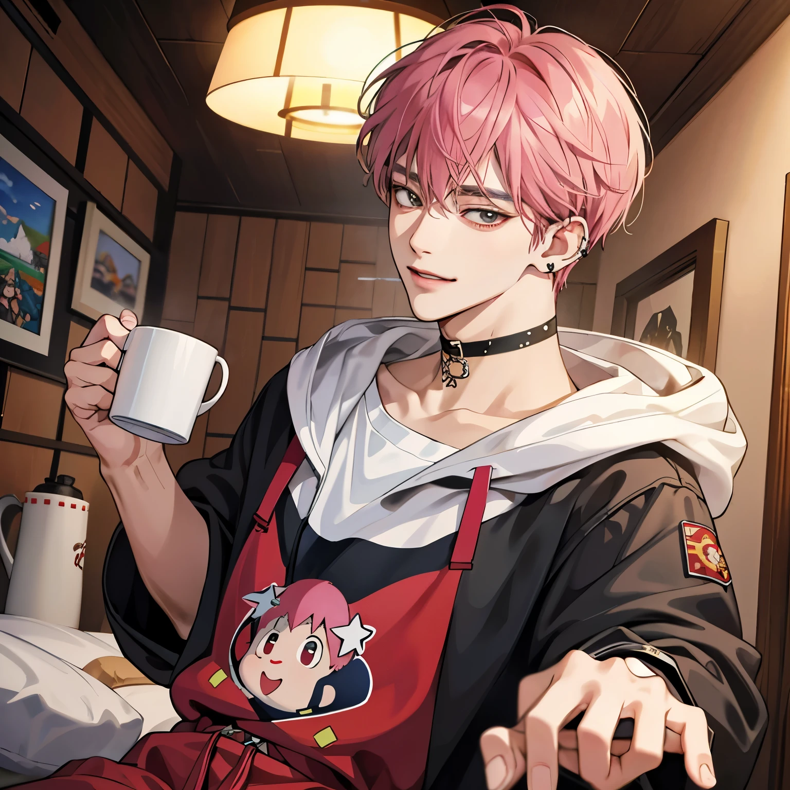 Guviz-style artwork, Made at Anime Painter Studio, anime realism style, realistic anime art style, Drawn at Anime Painter Studio, Inspired by Kim Taehyung, In an anime style, anime handsome man, dark pink hair、A sloppy smile、choker、Multiple piercings、Man with short hair、One man、gray eyes、room、暖かいroom、Holding the mug with both hands、upward glance、Multiple piercings、Inspired by Kim Taehyung、gray hoodie、red cheeks、upward glanceで見上げる、relaxed atmosphere