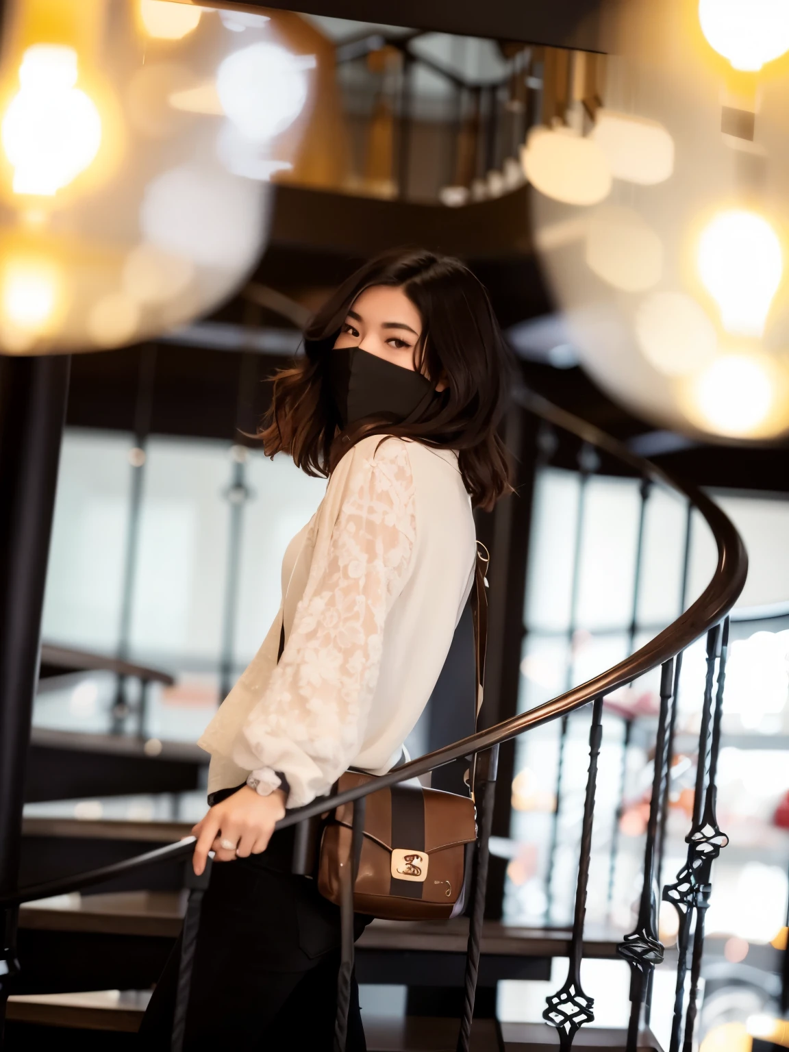 Woman wearing face mask walking down spiral staircase, from me, Shot with Canon EOA 6d mark ii, mixed art, photo shoot, Canon eos r 6 shot, sha xi, medium shot portrait, Shot with Canon eos r 5, hazy, Shot with Canon EOS R5, Shot with Canon eos 5d mark IV, author:Simon Gowan