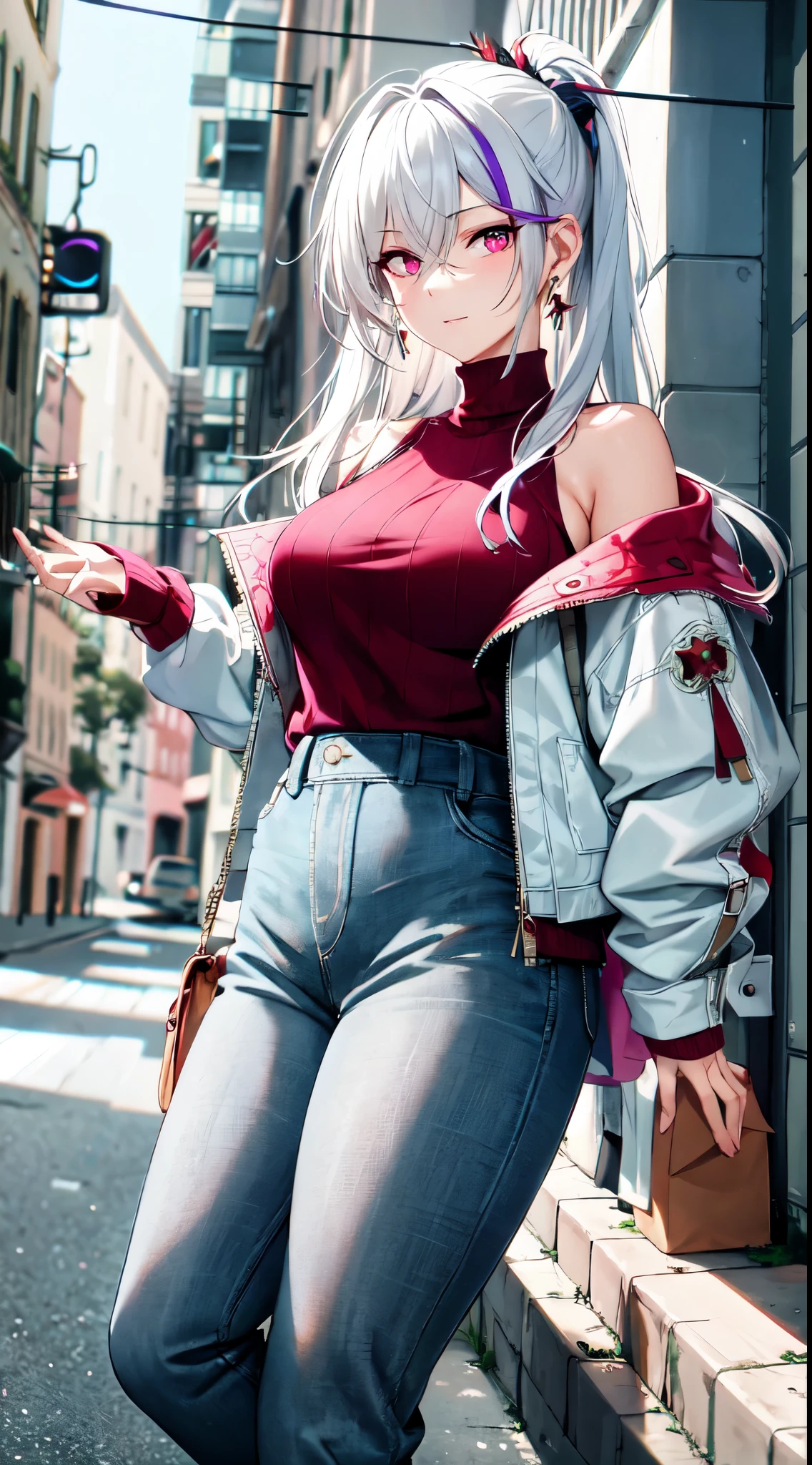 (masterpiece, best quality, 1girl, solo, intricate details, chromatic aberration), realistic, ((medium breath)),long hair, white hair, red head ornament, pink highlights, hair over one eye,purple eyes, earrings, sharp eyes, choker, neon shirt, torn legwear, open jacket, turtleneck sweater, night,against wall, brick wall, graffiti, dim lighting, alley ,look at viewer,