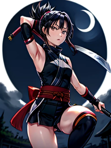 Kunoichi、sleeveless、Purple costume、holding a small knife in reverse hand、get down on one knee、whole body expression、Moonlit night in the background