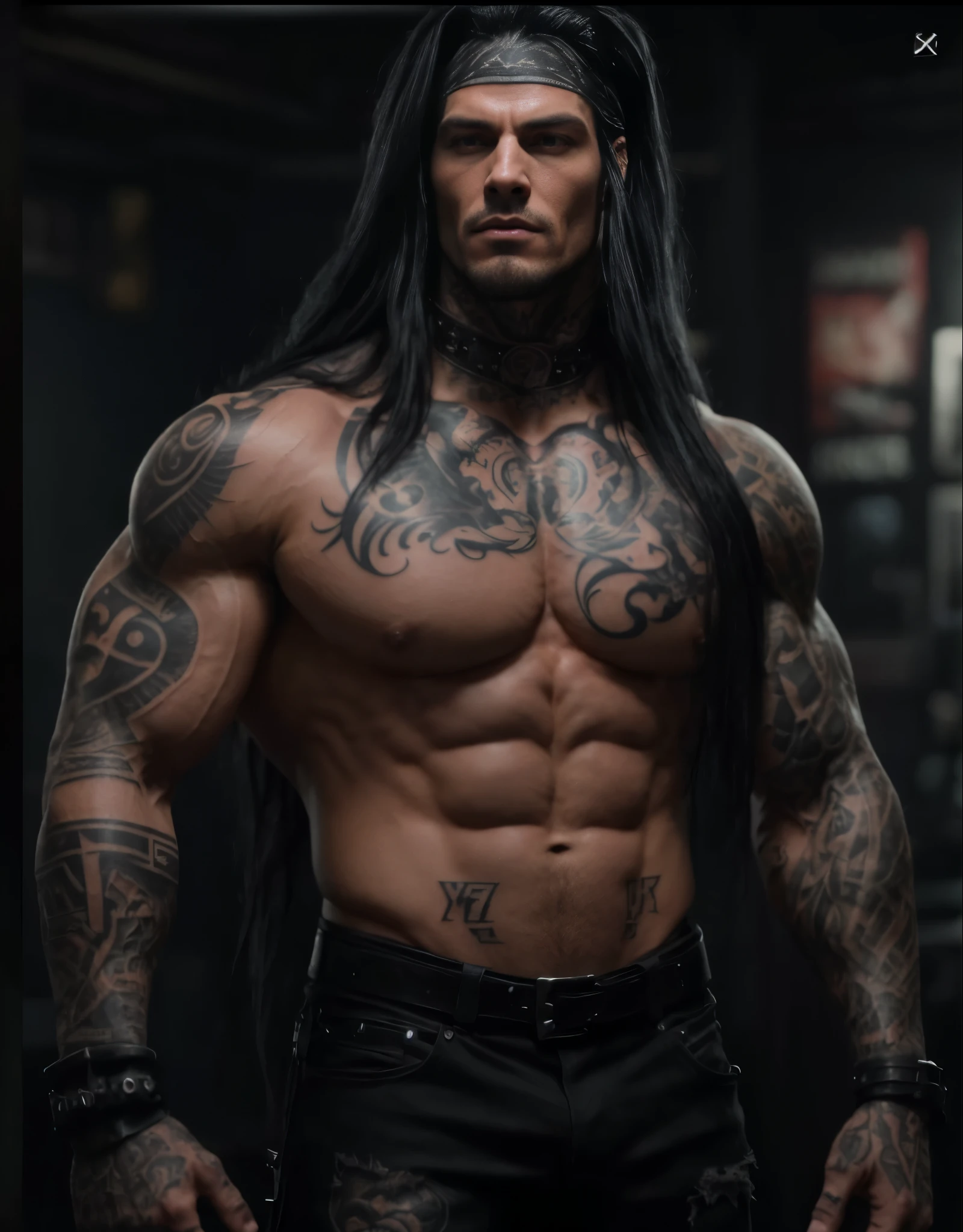 a close up of a man with a long black hair and tattoos, muscular! cyberpunk, johnny silverhand, detailed long black hair, tattooed man, strong and imposing, arnold maya render, muscular body tattooed, fantasy male portrait, dark fantasy mixed with realism, shirtless :: high detail, strong masculine features, artstation mans aesthetic, muscular character, seductive cyberpunk dark fantasy