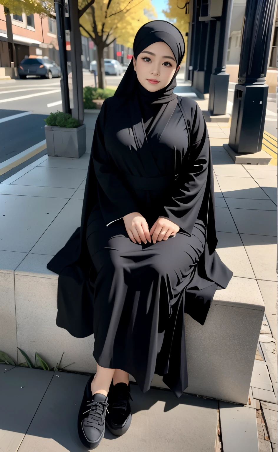 arafed woman in a black outfit Sitting in a chair on a sidewalk, hijab fashion model, hijabi outfit, thicc, hijab, korean woman, wearing black robe, asian woman, bbwchan, photograph of a techwear woman, hijab, wearing a black robe, woman in black robes, casual pose, wearing dark robe, asian women, korean girl, red sneakers