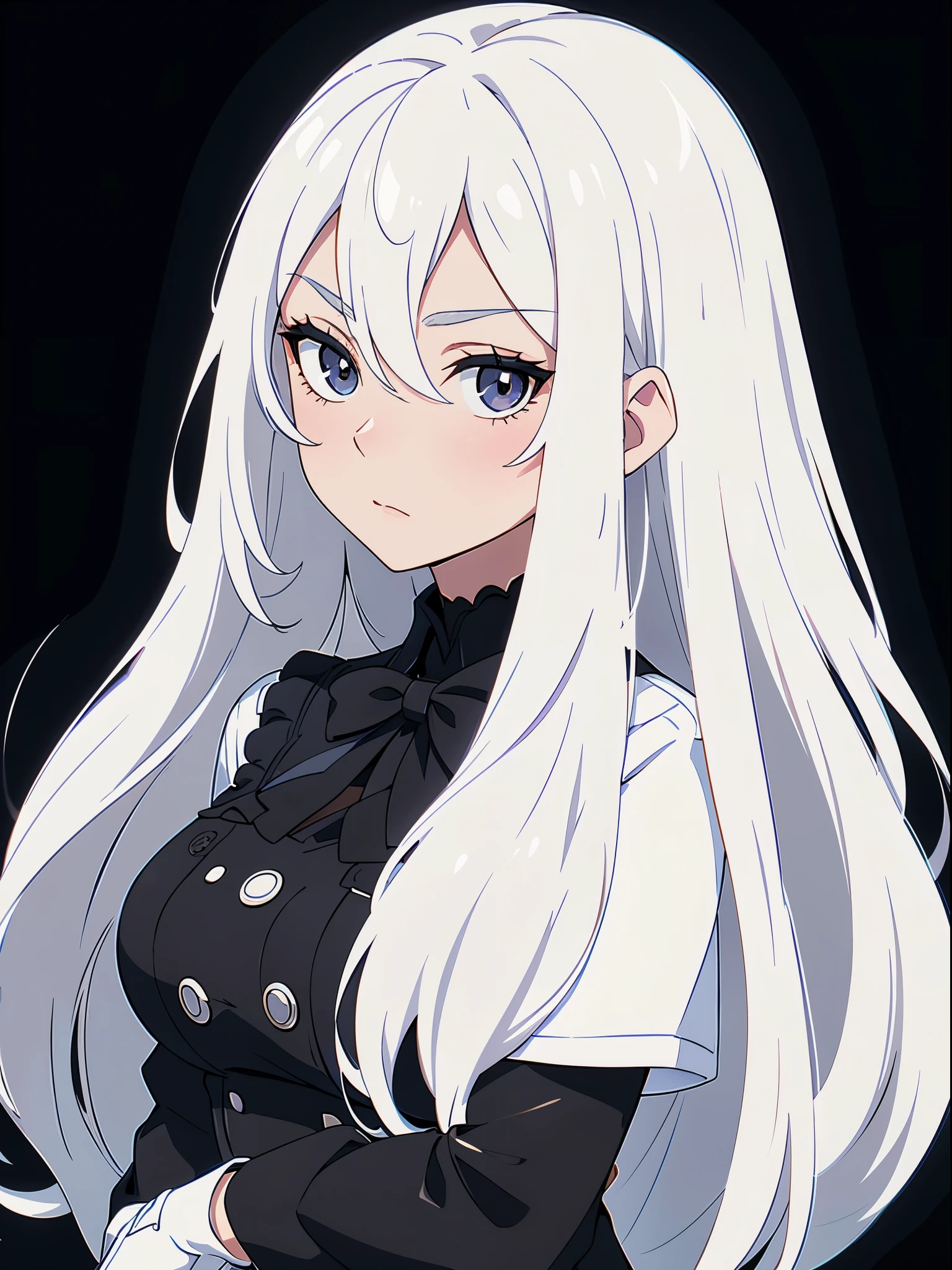 ((White hair)),((Head and Shoulders Image)),(super-long hair),Sexy,A person,Alone,Simple style,pancake ,Simple details,Black background,Empty background,Black background wall,(20 year old woman),(Cotehardie),(White Gloves),Lace Shirt,Waistcoat,(Pray)