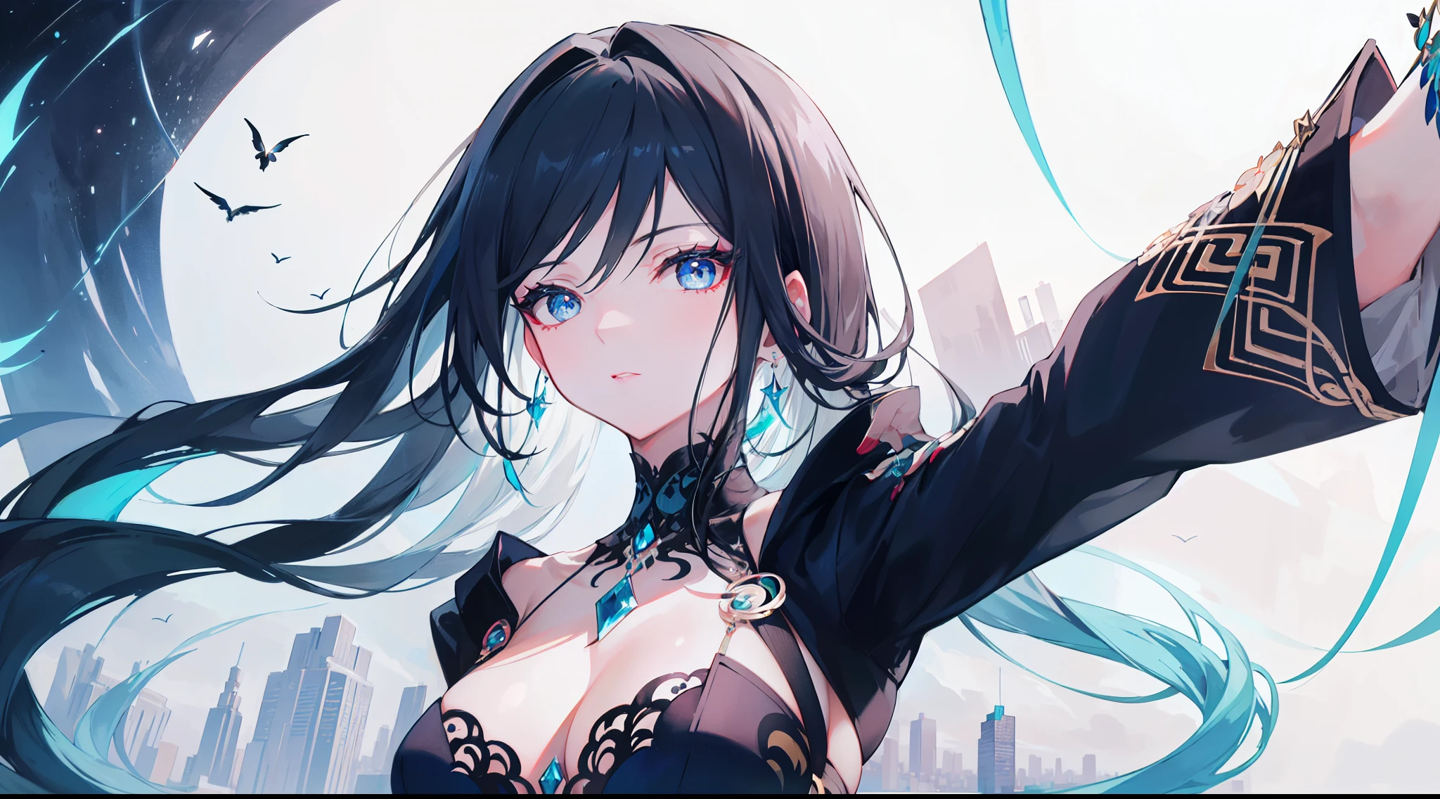 "Epic nightsky of a futuristic city filled with symphonies and music; a stunning 4k artwork showcases a mature female with black hair adorned with intricate decorations. Her captivating blue eyes reveal her identity as the goddess of symphony, yet she exudes an air of laziness in her demeanor."