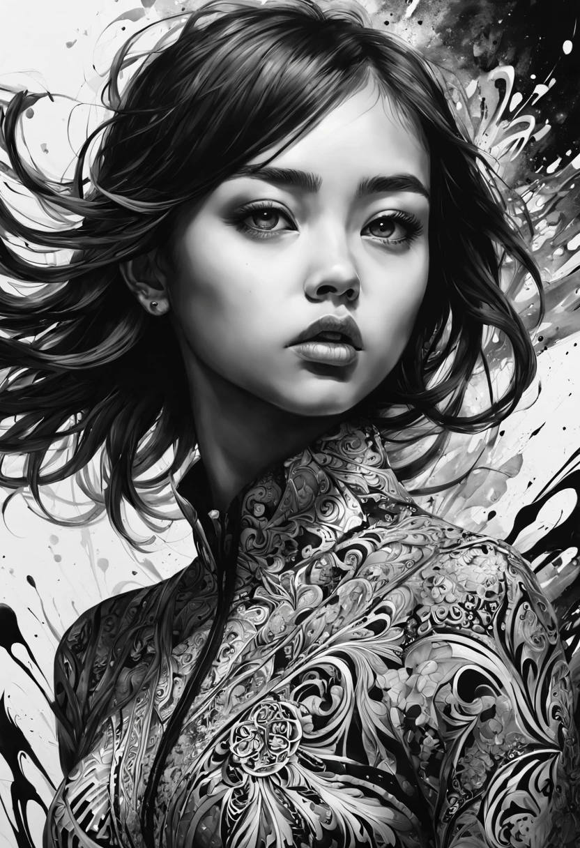 1girl, A girl in black and white ink drawing with hyperrealistic details and intricate patterns, captured in a mid-shot, showcasing dramatic expression and a 2/3 face angle. The artwork is characterized by bold and expressive brushstrokes that create a splash art effect. The image is of the highest quality, with a resolution of 4k or 8k, showcasing ultra-detailed features. It has a hyperrealistic, almost photographic quality. The art style is reminiscent of concept art, with a focus on capturing the essence of the subject. The contrast between black and white reflects a stark and impactful visual representation. The lighting is carefully crafted to enhance the intricacies and dynamic nature of the artwork.