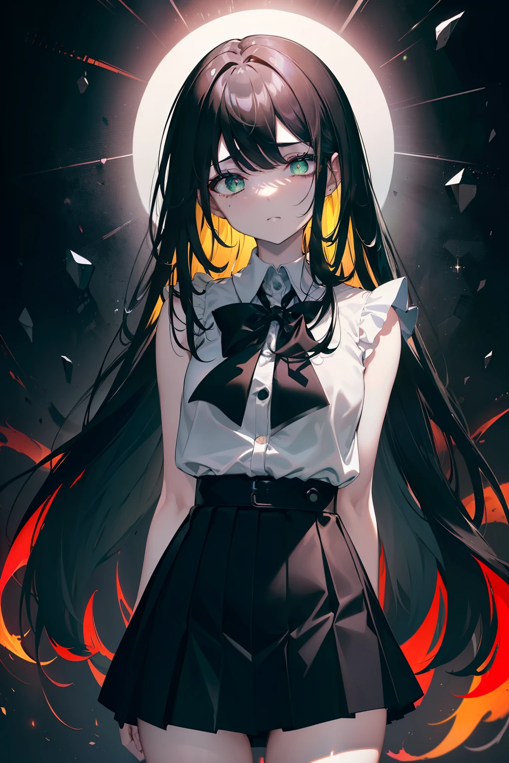 (Obra maestra, La mejor calidad, ultrahigh resolution), 1girl, standing, school uniform, white office shirt, black pleated skirt, ((jet black, jet black hair:0.7), long hair cut, pale skin, ((green eyes)), glowing_eyes, neon eyes, (ultra detailed eyes, beautiful and detailed face, detailed eyes:0.9), ((centered)), ((wide shot)), facing viewer, eye level, (black background, embers, chromatic light), flat chested, looking at viewer,, ((perfect hands)), (((head, arms, hips, elbows, in view))), ((hands behind back)), empty eyes, beautiful lighting, background,