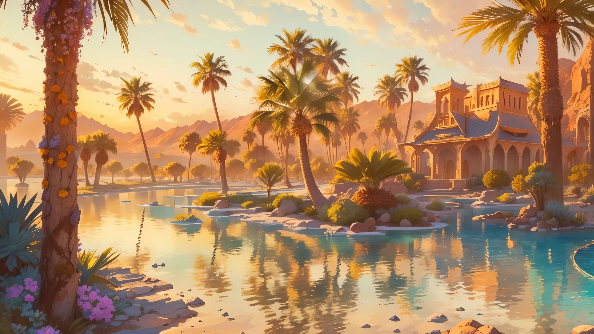 Create a detailed anime sketch of an oasis in the midst of a vast desert, where sparkling water reflects the vibrant colors of a magical sunset. Use a low-angle perspective to showcase the ornate architecture of the oasis, surrounded by palm trees and mystical desert flora.