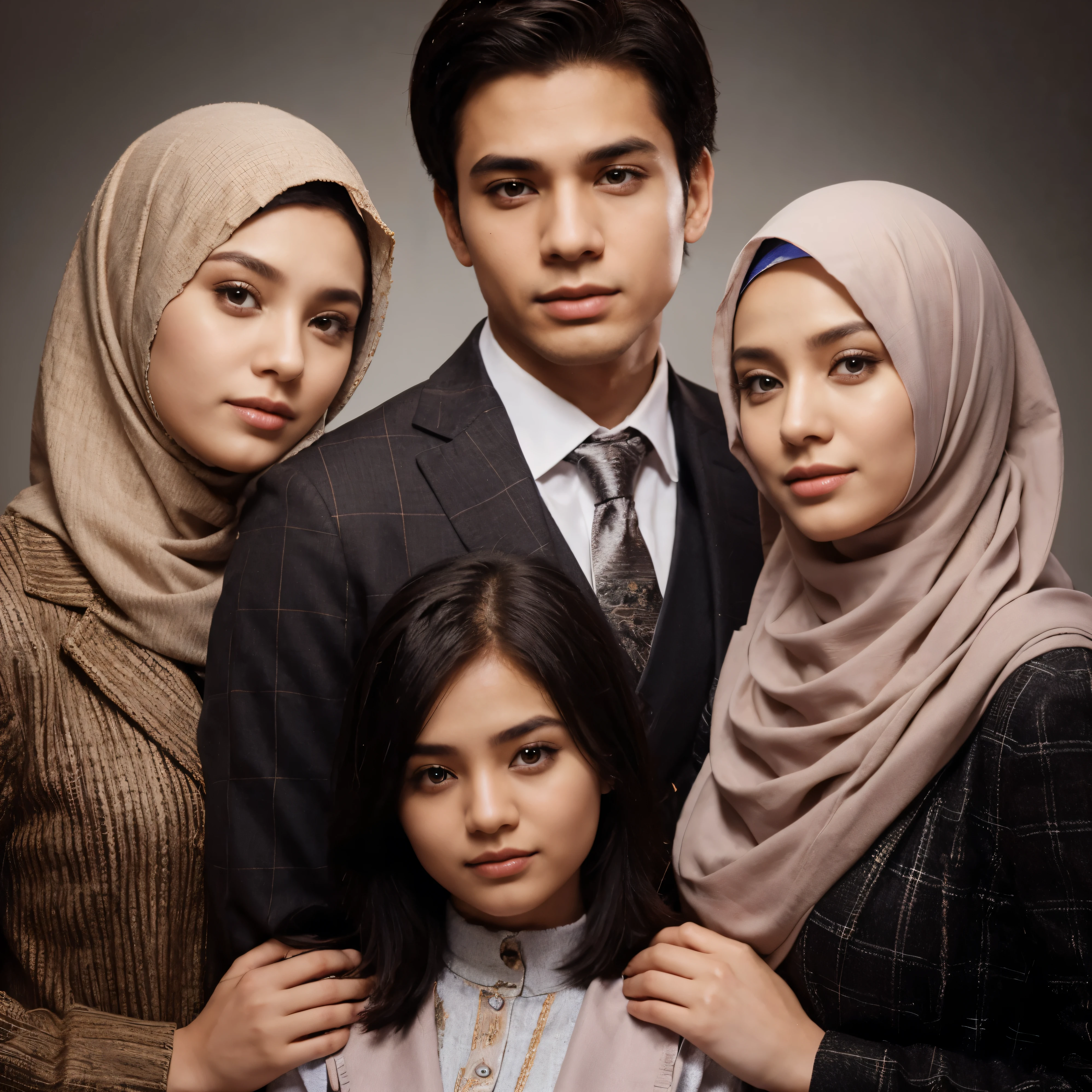 1man, wearing formal cloth, 1madam with hijab,and 2 girl with hijab.