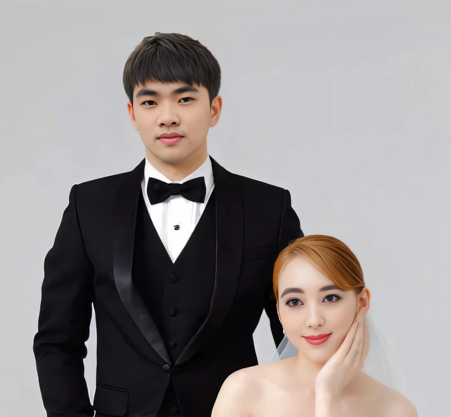 there is a man and woman posing for a picture together, wedding photo, formal attire, with professional makeup, amazing professional picture, wearing tuxedo, 165 cm tall, corporate photo, 155 cm tall, formal wear, in front of white back drop, an elegant couple, groom, wearing a tuxedo, professional profile picture, smooth in _ the background