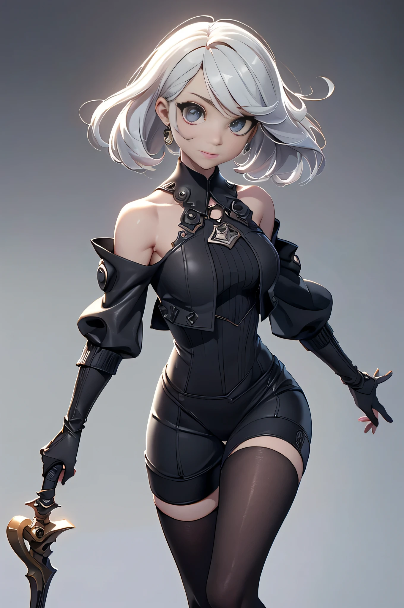 Mini nier automata, (nier automata), solo, ray tracing, Estilo 3D, 3DMM, ((oses por foto)), ((oses em cada foto)), corpo inteiro,(Front view),(Emisão Costas), (Emist on the left), mostrar barriga lisa, (((oses por foto))),(seios muito grandearriga perfeita, olhos perfeitos e simetricos, (perfect handuturistic sword in hand)), ((cabelos curto)),((Roupas de bruxo abertas)),roupa branca com bordas texturizadas, pele clara, luemas detalhadas, White thigh-high tights with trim, emestido aberto em "em", cintura fina, pernas grande, low water, Show legs to the top of the waist, (tecido partido caindo sobre as pernas),((top aberto)),pele ultra realista, olhos realistas humano,pele ultra realista,((blusa listrada)),traje super sensual,(faixas em torno dos seios), colorida,top com babados,(pubis com muito volume),(extremamente sensual),(very sensual),(((cabelo preto))),(((bodysuite branco))),((white and black and gray theme)),(ligth theme),(mostrar pernas e quadril),(roupa rasgando),(showing legs and feet),((virilha bem marcada)),((com mascara estilo darkness cobrindo a boca e o nariz)),((mascara dark cobrindo o rosto)),((mascara cobrindo a boca)),(((cabelo preto))),(((parte em armadura com leds brilhantes)))