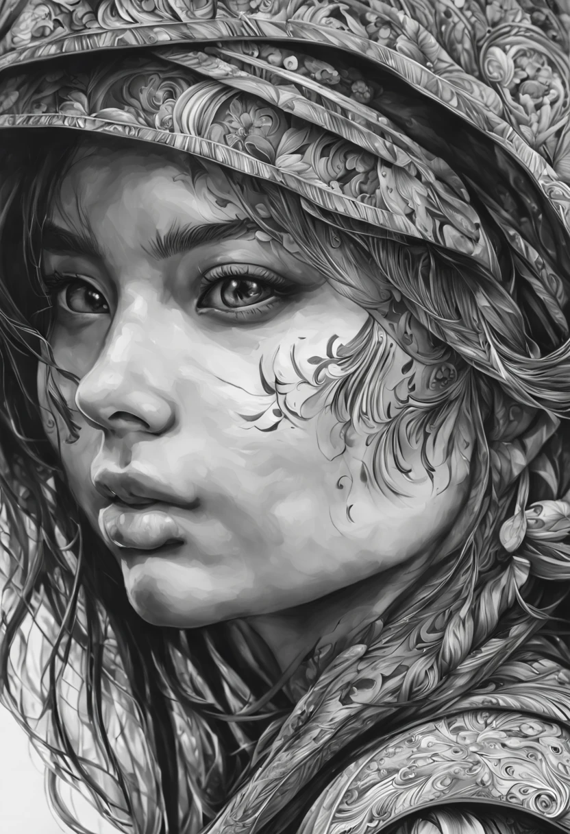 1girl, A girl in black and white ink drawing with hyperrealistic details and intricate patterns, captured in a mid-shot, showcasing dramatic expression and a 2/3 face angle. The artwork is characterized by bold and expressive brushstrokes that create a splash art effect. The image is of the highest quality, with a resolution of 4k or 8k, showcasing ultra-detailed features. It has a hyperrealistic, almost photographic quality. The art style is reminiscent of concept art, with a focus on capturing the essence of the subject. The contrast between black and white reflects a stark and impactful visual representation. The lighting is carefully crafted to enhance the intricacies and dynamic nature of the artwork.