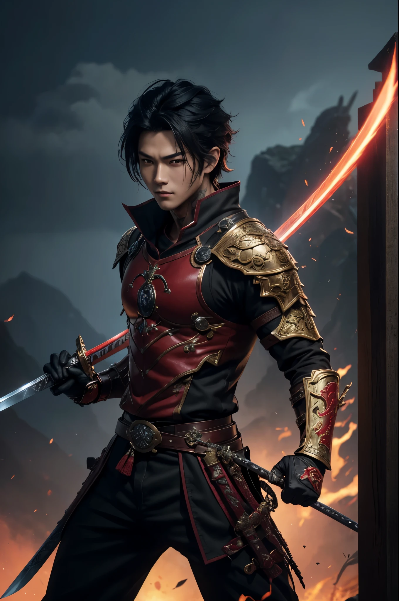 8K、solo、16 year old boy,Super handsome boy(like the real thing),red eyes(red glowing effect),Super handsome boy,black bob hair,black demon slayer armor,black pants(demon emblem embroidery),golden decoration,facing there、long and large Japanese sword,demon slayer boy,Remains,magnificent artwork、wind effect:1.9、Cloud Effect:1.2、Full Rendering、Caustic soda coating、unreal engine、1 Japan sword,An expression that remains innocent,Cool boys,Super high resolution,super realistic skin,Super precise hand details,１Japanese sword with a book,fantasy art,smile,battle scene,action scene,action pose,Fighting style,Photorealistic RAW photos of the highest quality。Backlight, cinematic lighting, film grain, to be born, 50mm lens, Nikon D850,realistic skin,fantasy art,character art,ultra high resolution,Macho with muscular slender body,Red demon emblem tattoo on face(Tattoo that glows red),Precise facial details,rock,