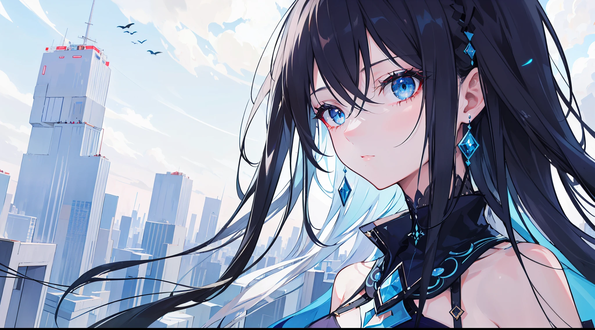 "Epic nightsky of a futuristic city filled with symphonies and music; a stunning 4k artwork showcases a mature female with black hair adorned with intricate decorations. Her captivating blue eyes reveal her identity as the goddess of symphony, yet she exudes an air of laziness in her demeanor."